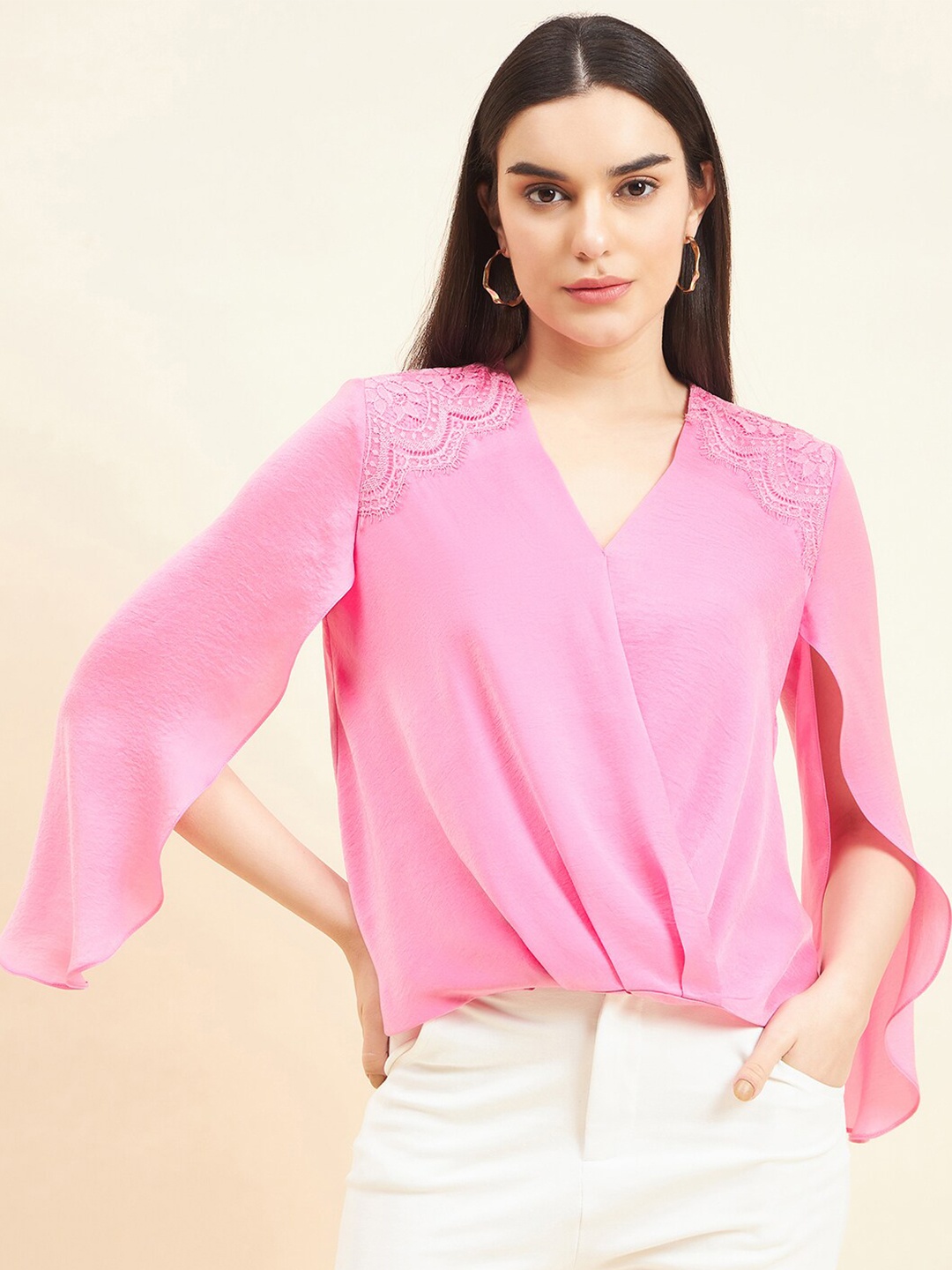 

Gipsy Slit Sleeve Satin Wrap Top, Pink