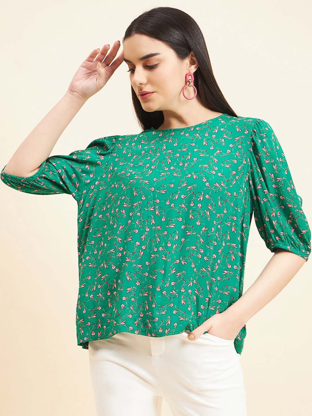 

Gipsy Floral Print Puff Sleeve Boxy Top, Green