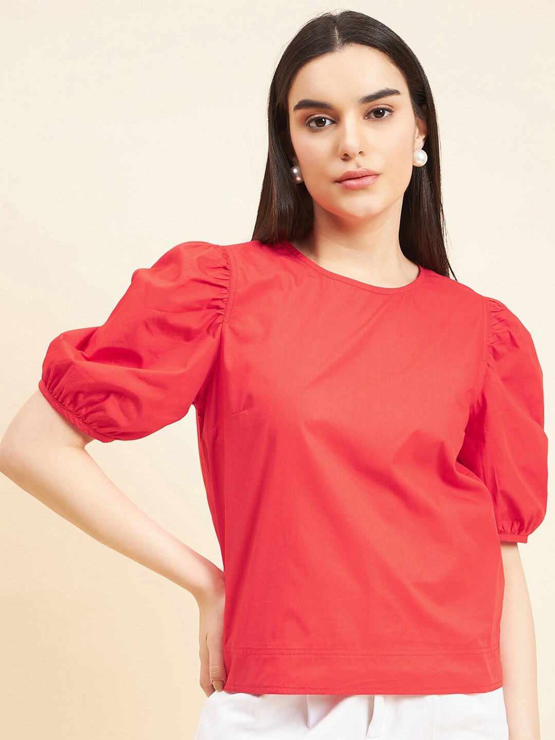 

Gipsy Solid Puff Sleeve Cotton Top, Red