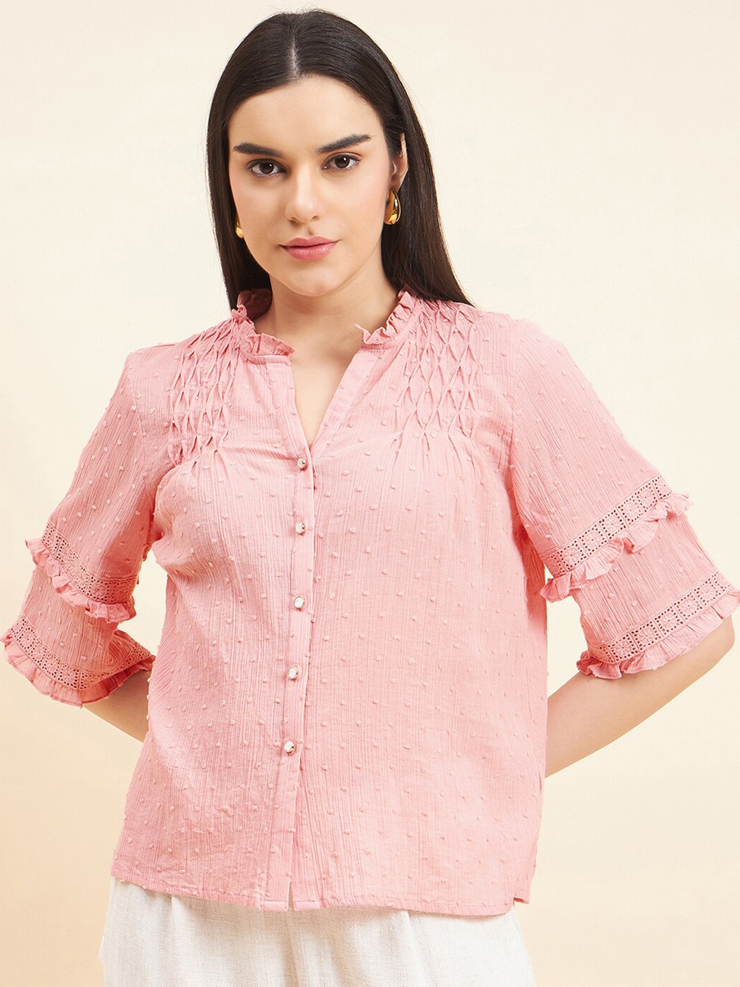 

Gipsy Mandarin Collar Flared Sleeve Cotton Shirt Style Top, Pink