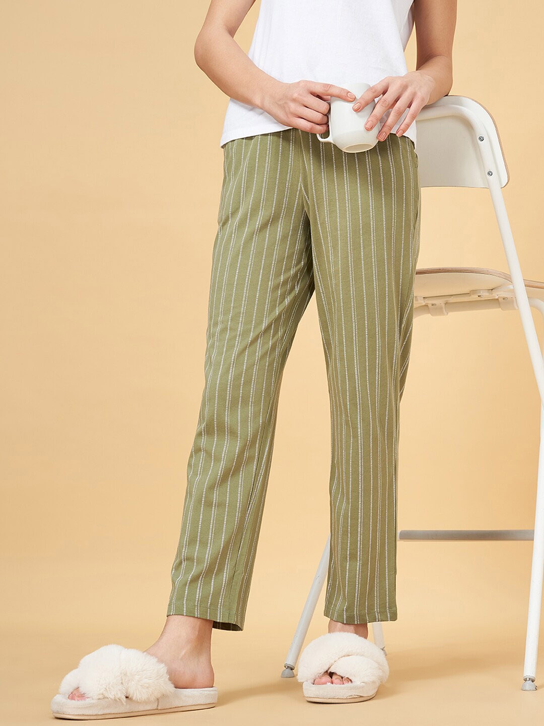 

Dreamz by Pantaloons Striped Mid-Rise Pure Cotton Lounge Pant, Olive