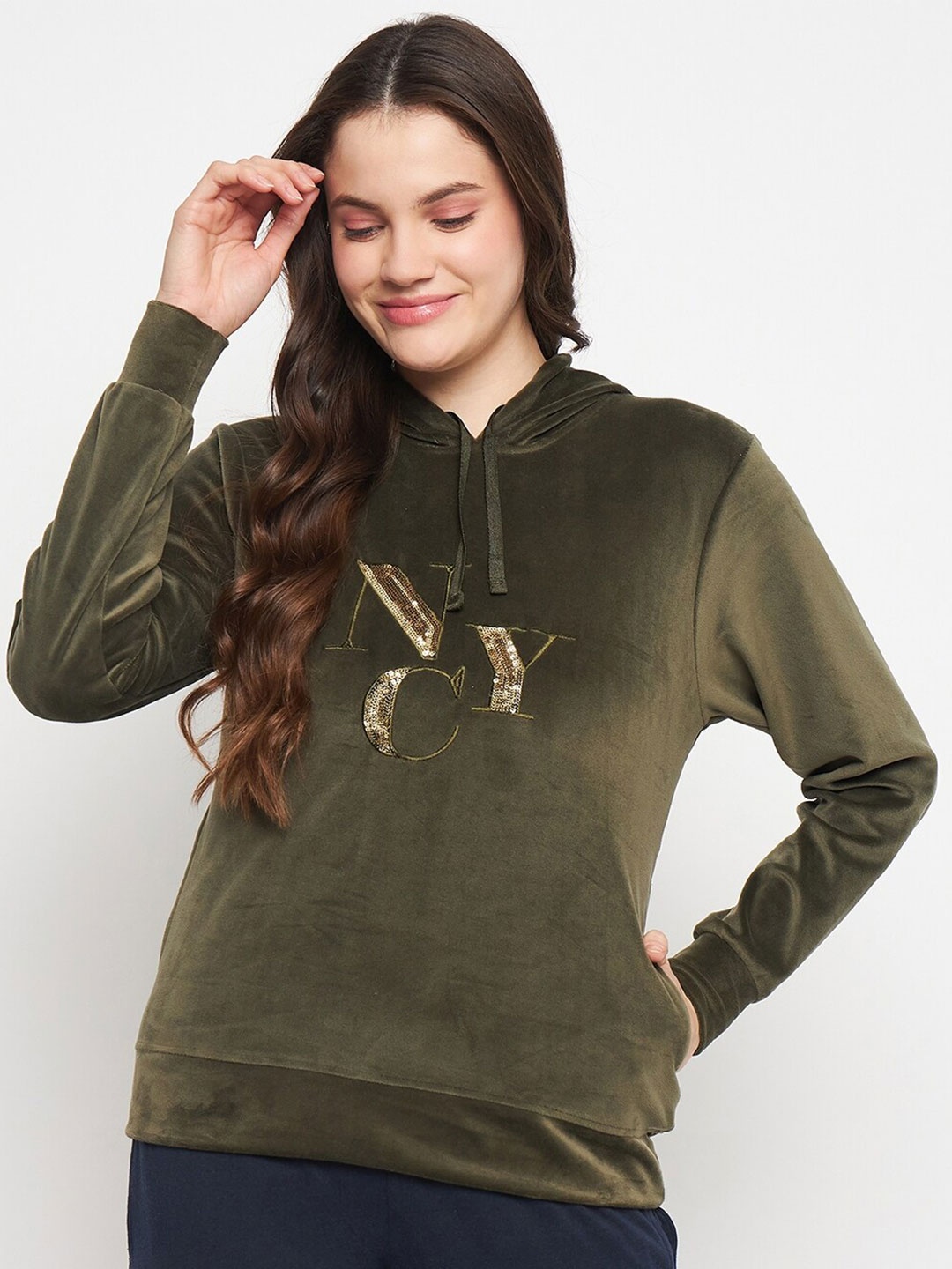 

Camey Embellished Hooded Pullover Velvet Sweatshirt, Olive