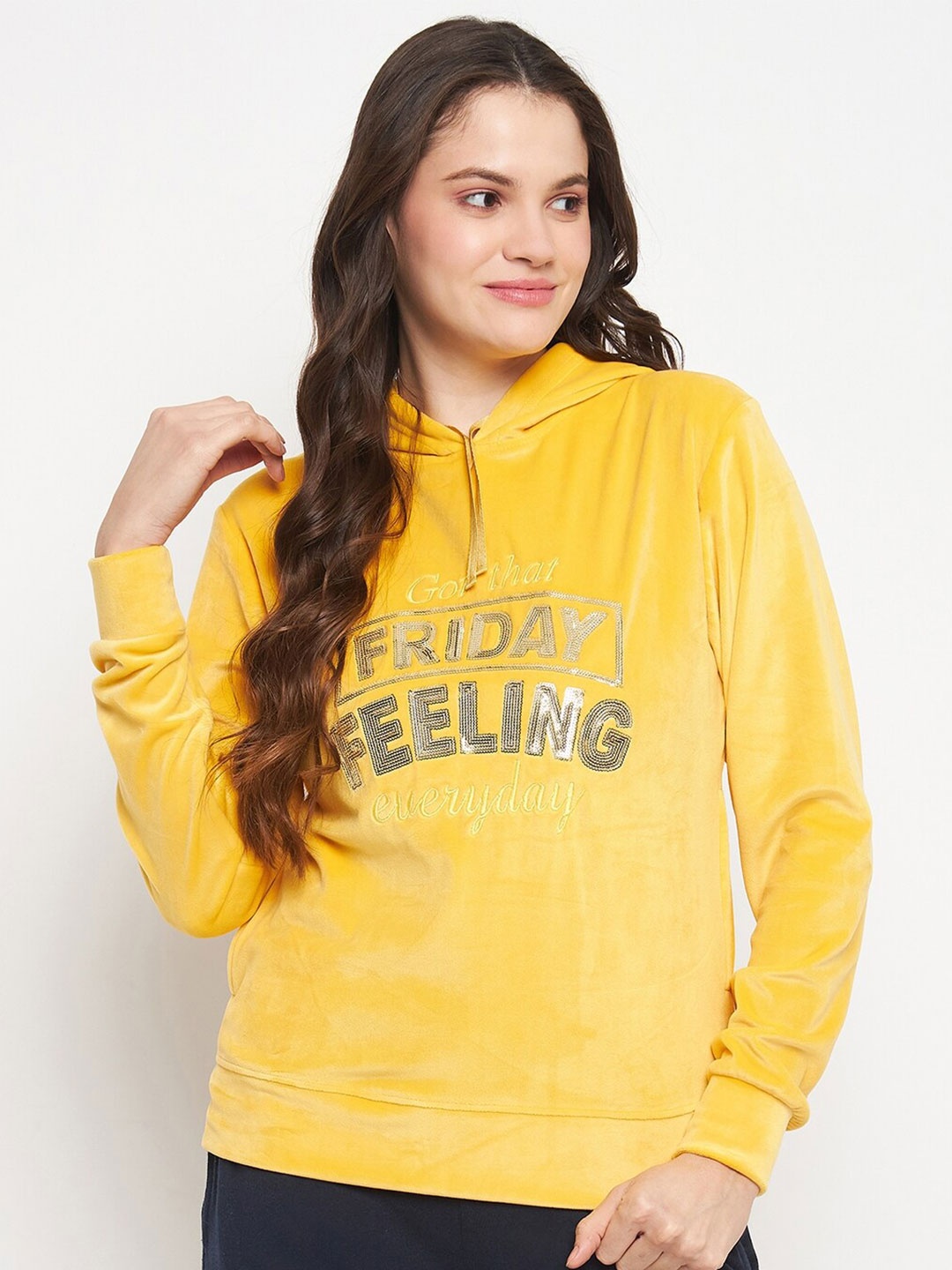 

Camey Typography Embroidered Velvet Hooded Sweatshirt, Yellow