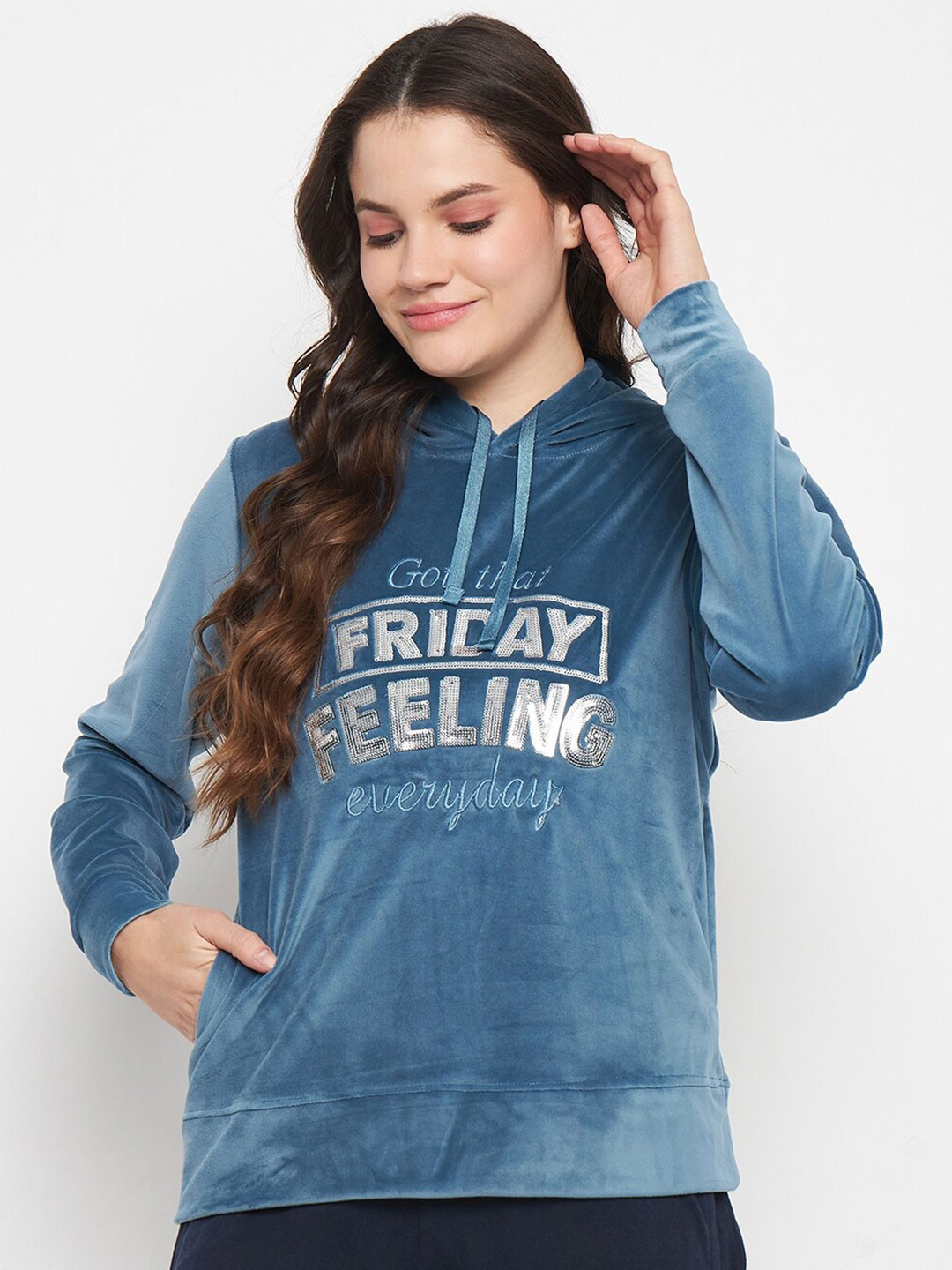 

Camey Typography Embroidered Velvet Hooded Sweatshirt, Teal