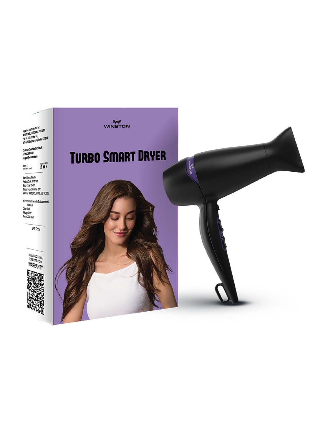 

WINSTON Turbo Hair Dryer 2200w with Diffuser & Concentrator, 2 Speed/3 Settings, Black