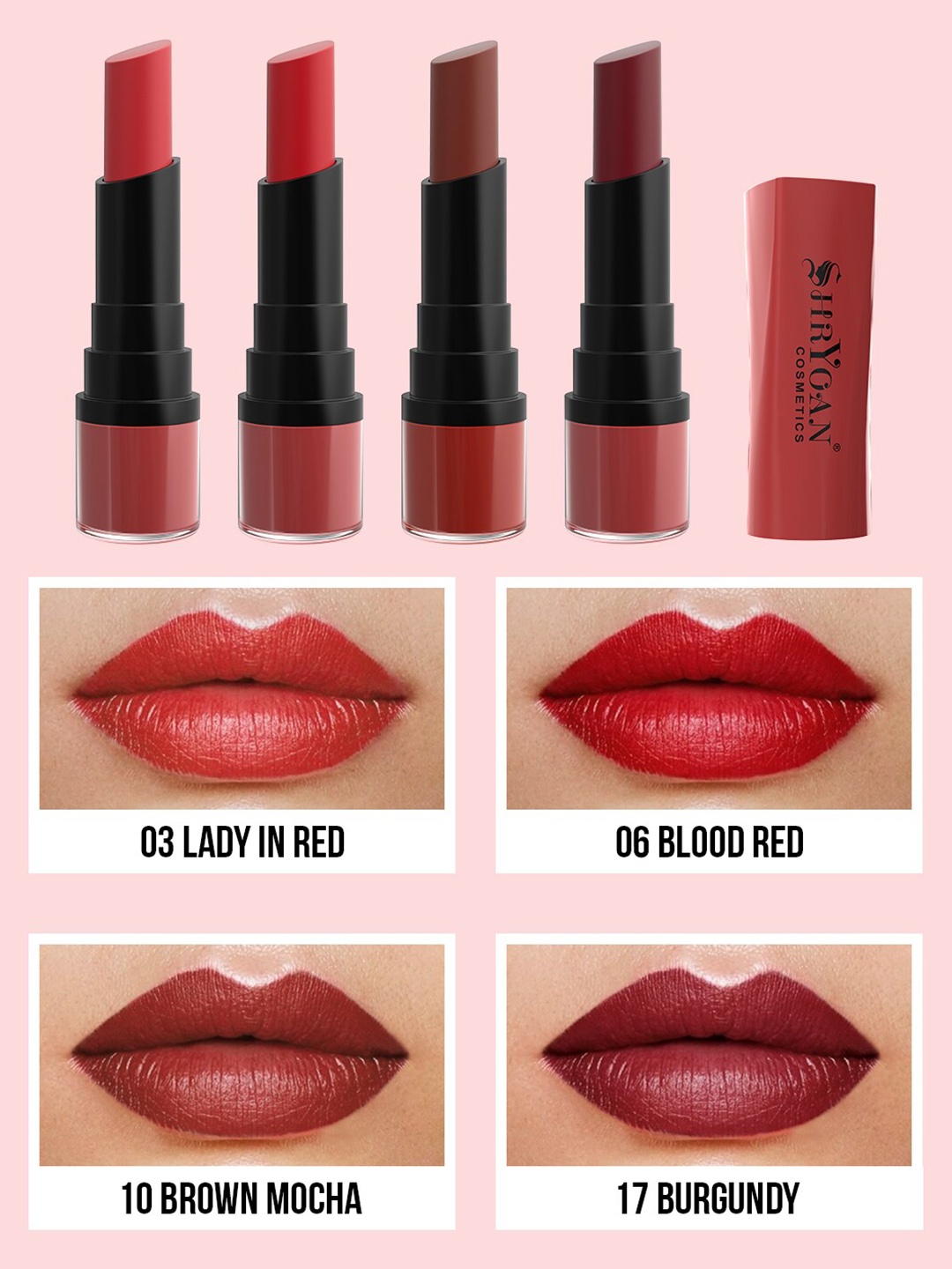 

SHRYOAN Cosmetics Set of 4 Long Lasting Velvet Matte Finish Lipstick, Red