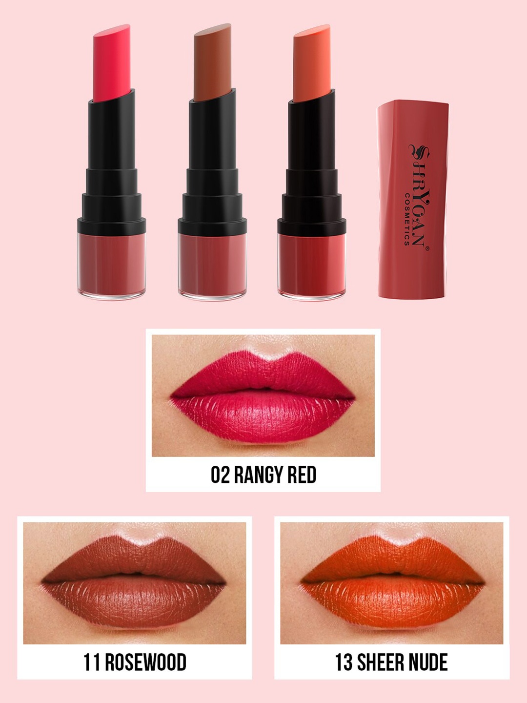 

SHRYOAN Cosmetics Set of 3 Long Lasting Velvet Matte Finish Lipstick, Red