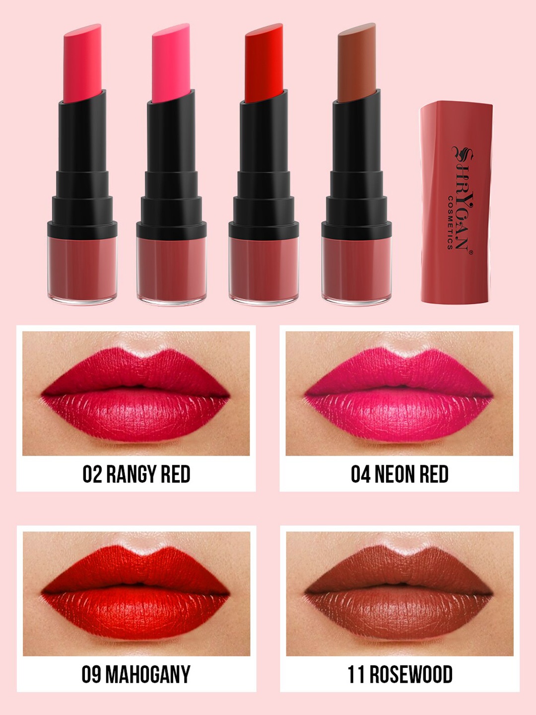 

SHRYOAN Cosmetics Set of 4 Long Lasting Velvet Matte Finish Lipstick, Pink