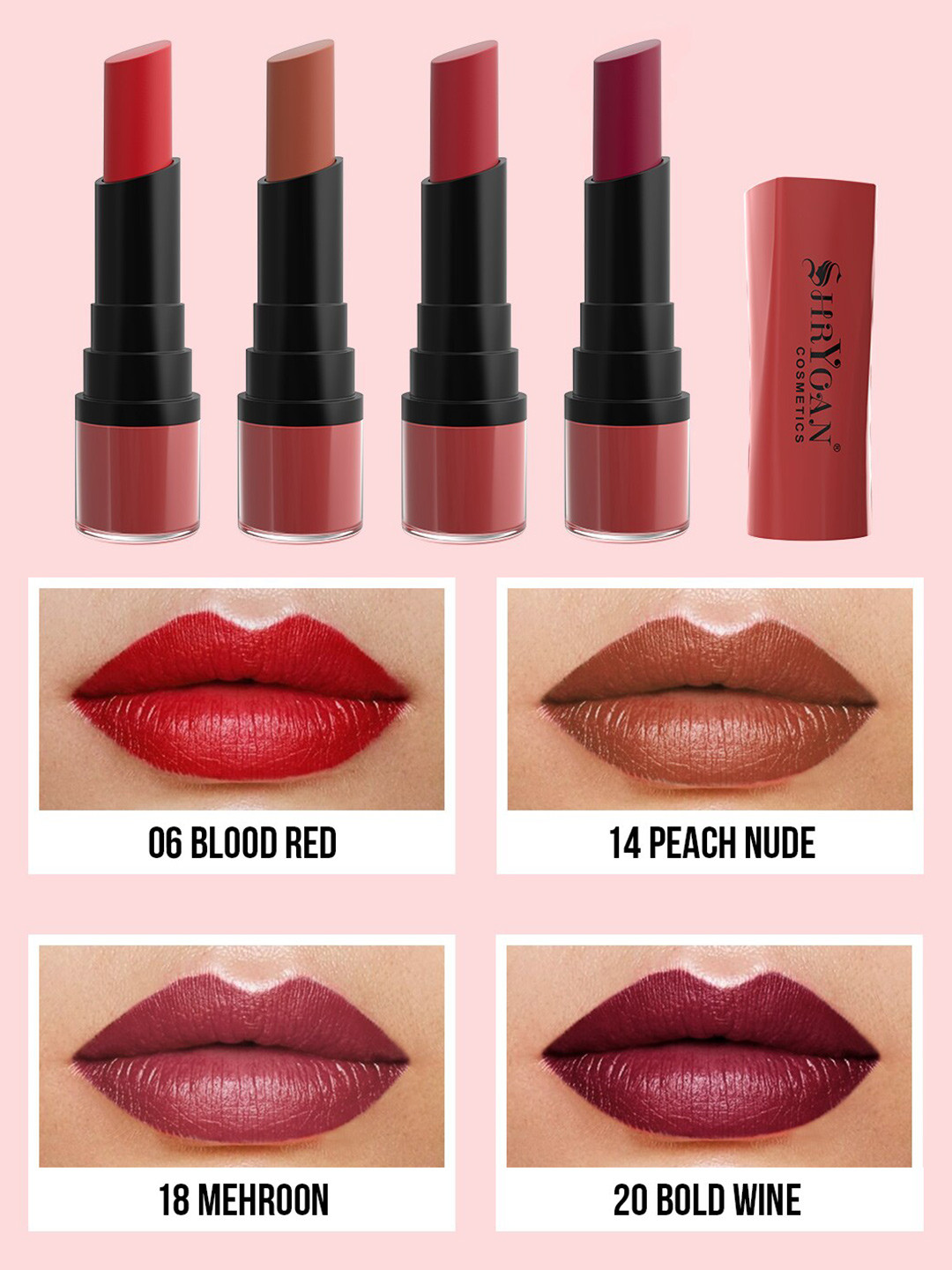 

SHRYOAN Cosmetics Set of 4 Long Lasting Velvet Matte Finish Lipstick, Multi