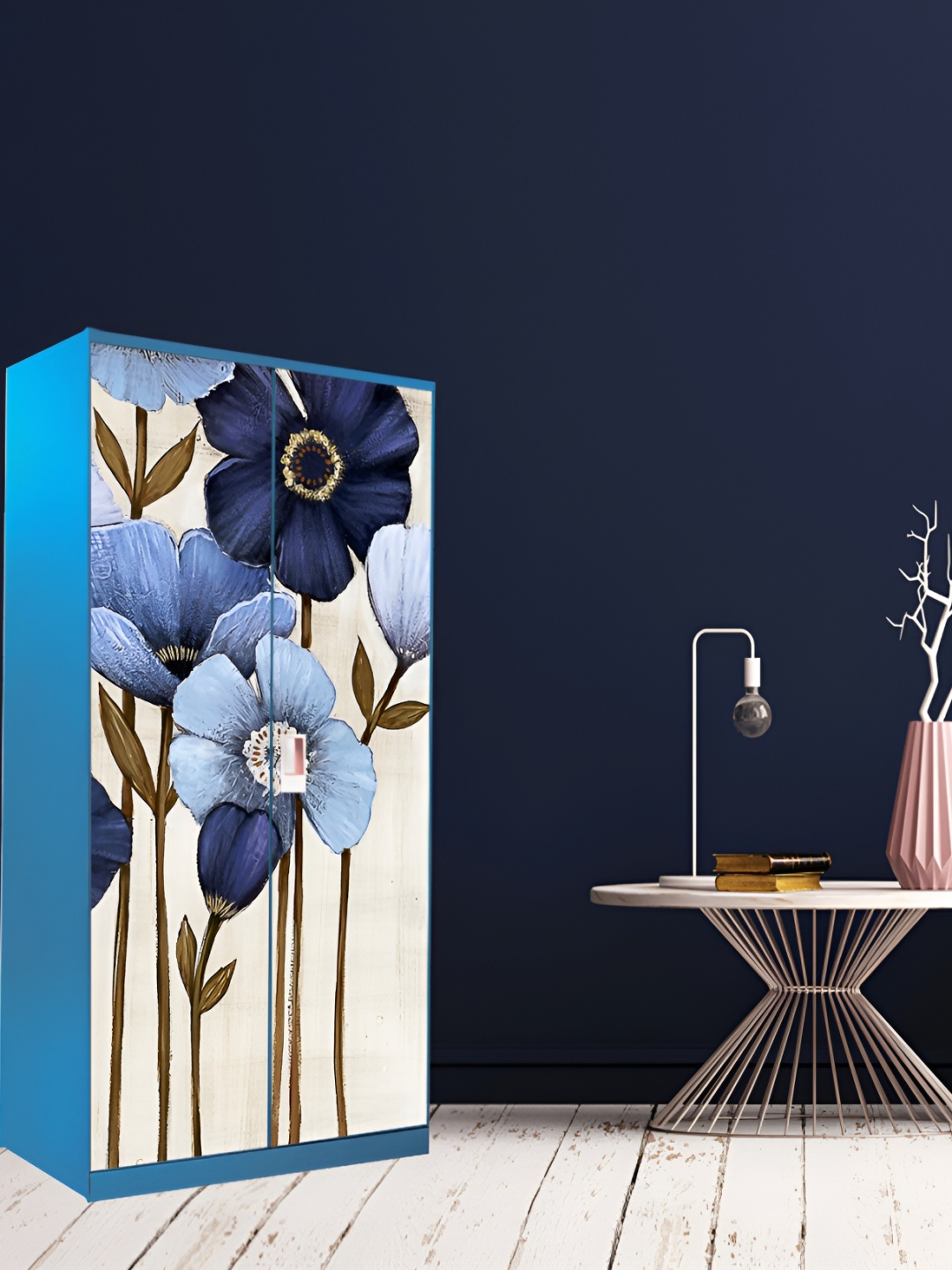 

WALLWEAR Beige & Blue Floral Printed Wardrobe Sticker