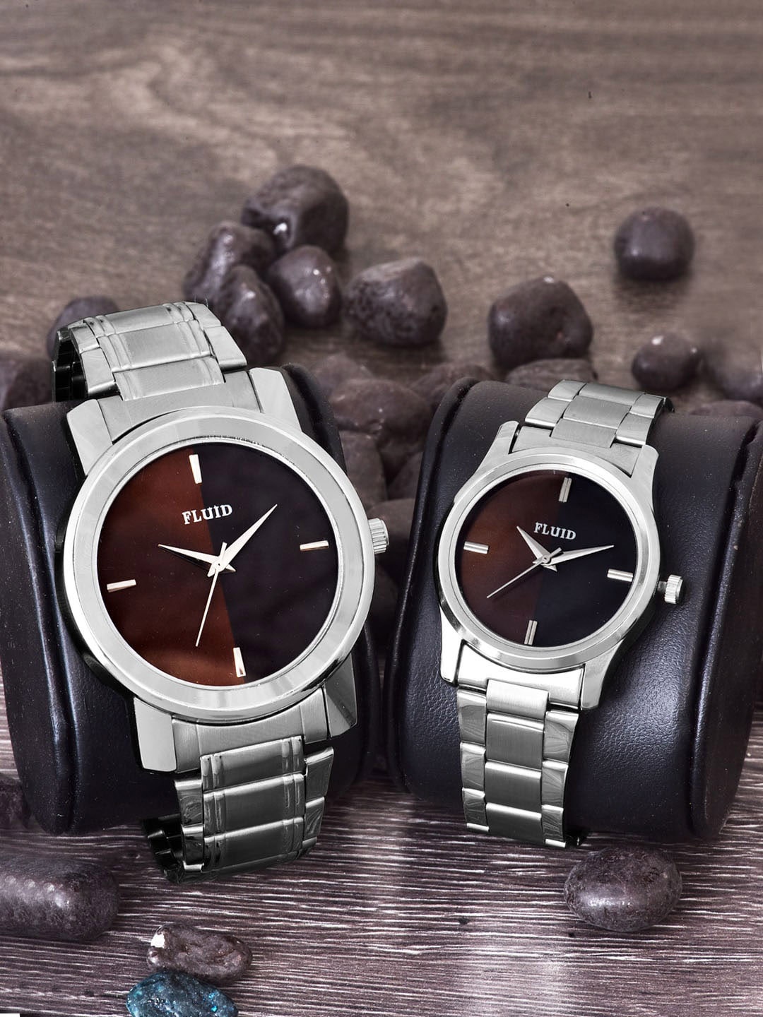 

FLUID Textured Dial & Stainless Steel Straps His and Her Watches FLPair-765PR-BR01, Brown