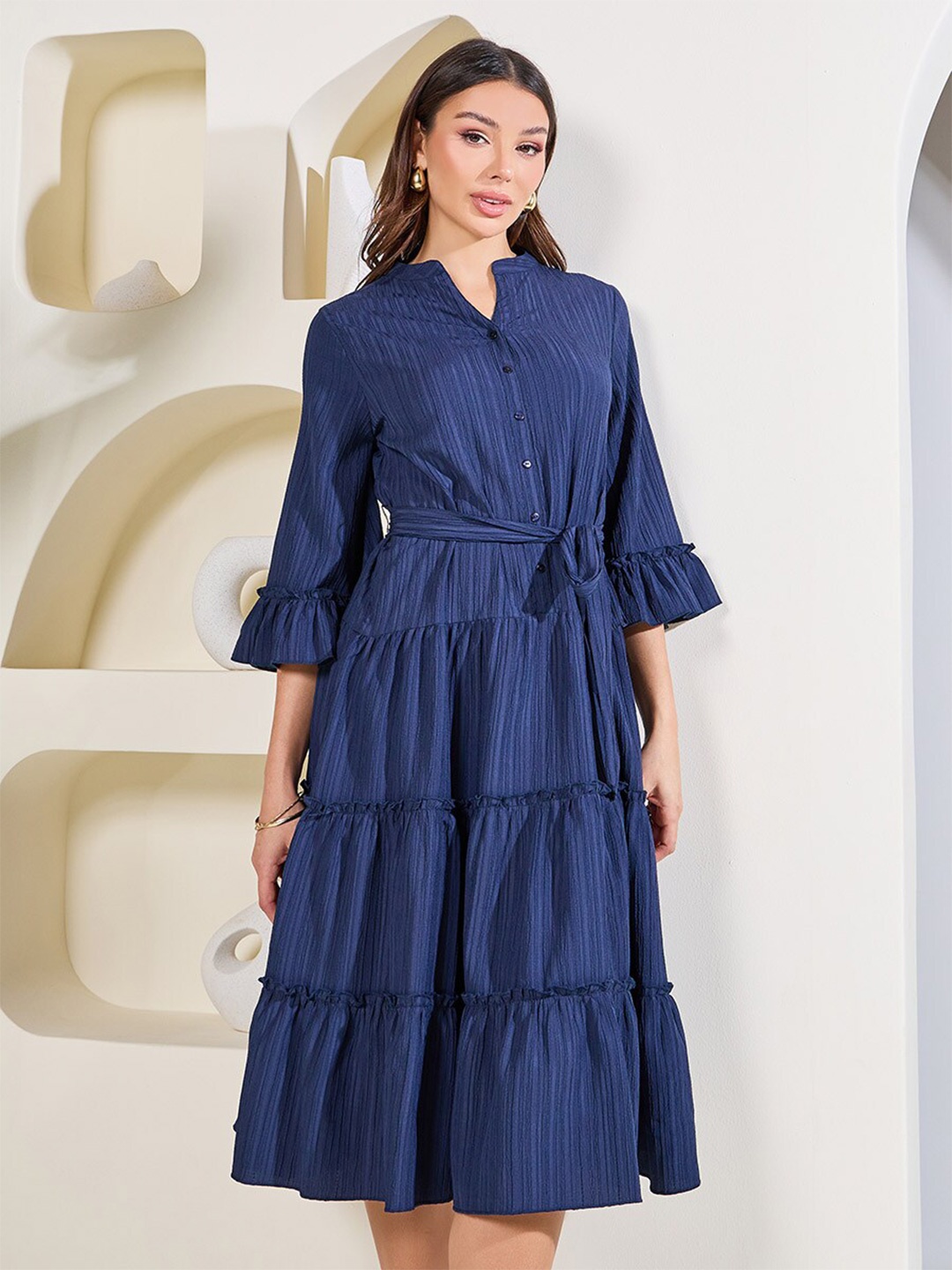 

Styli Self Design Mandarin Collar Bell Sleeve Layered Fit & Flare Dress, Navy blue