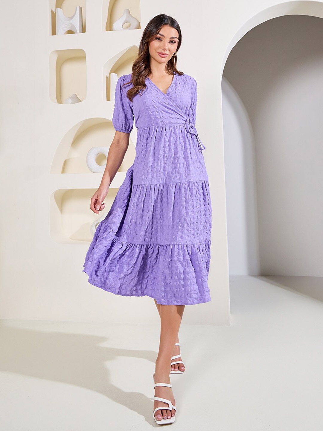 Styli Textured Tiered Wrap Midi Dress, Purple
