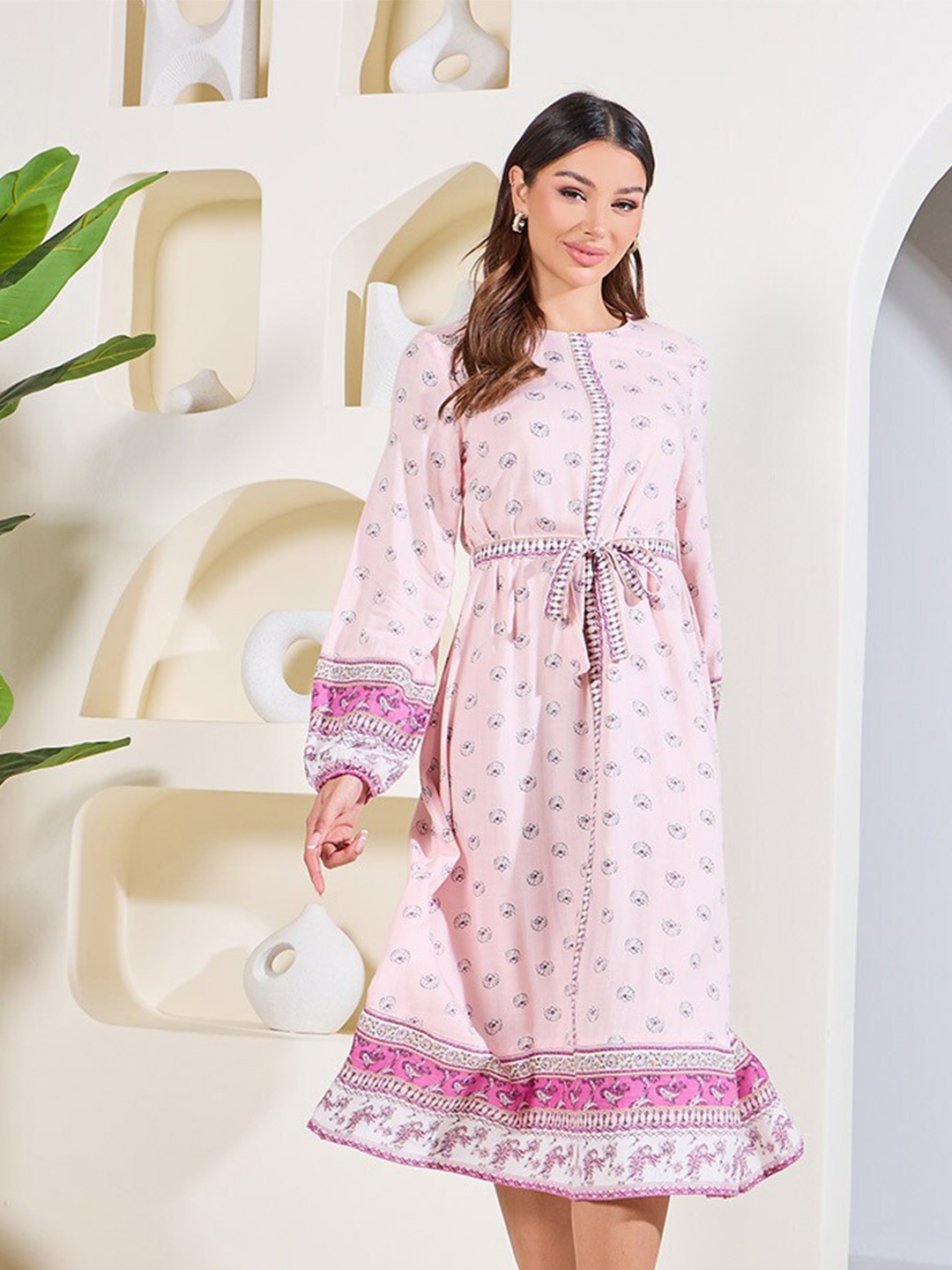 

Styli Floral Printed Puff Sleeve Fit & Flare Dress, Pink