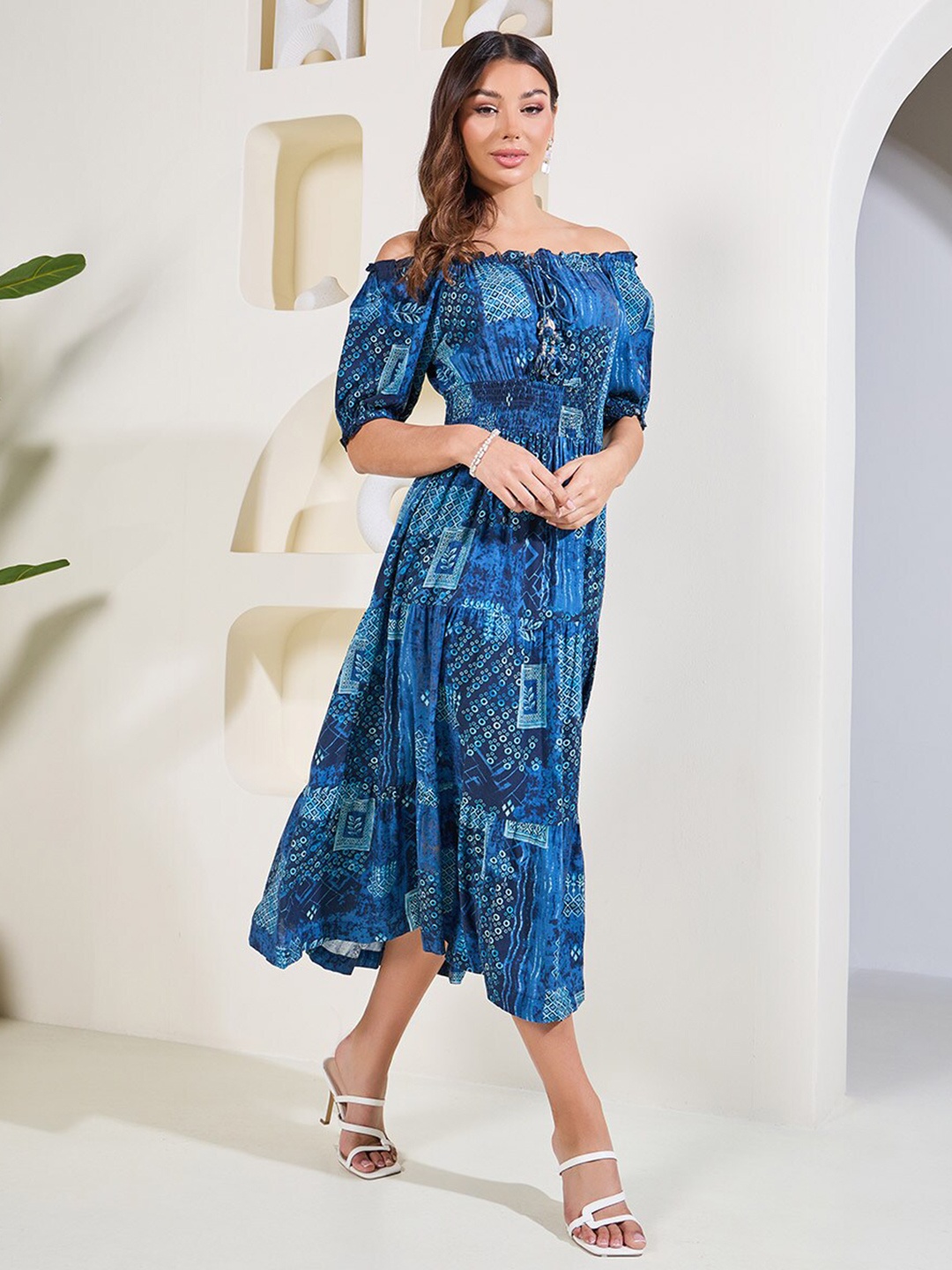 

Styli Scarf Print Smocked Detail Tiered Midi Dress, Blue