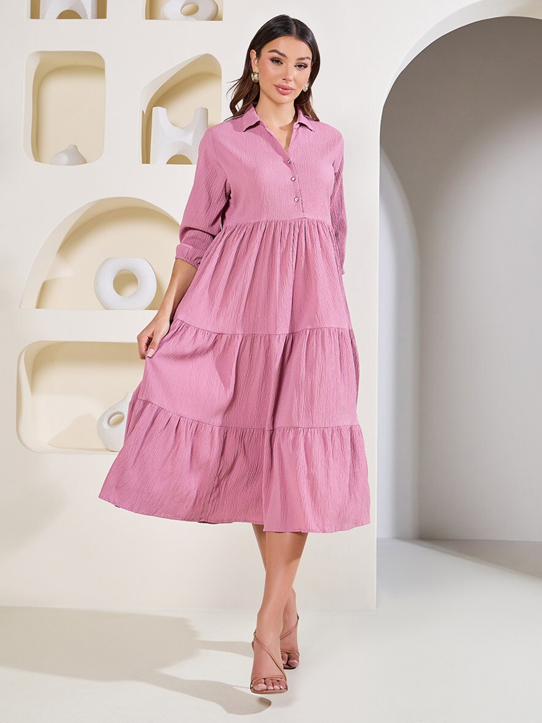 

Styli Textured Collared Tiered Midi Dress, Pink