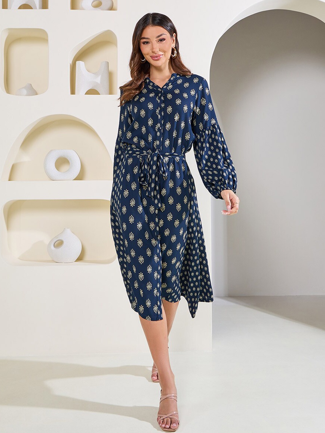 

Styli Navy Blue Ethnic Motifs Printed Belted A-Line Dress