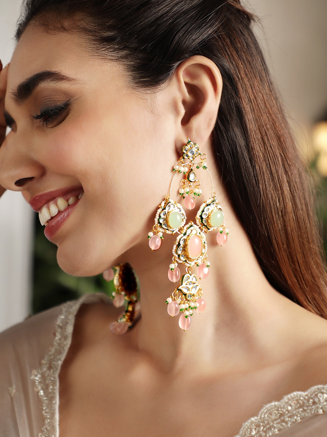 

Rubans 22KT Gold-Plated Kundan Studded Drop Earrings