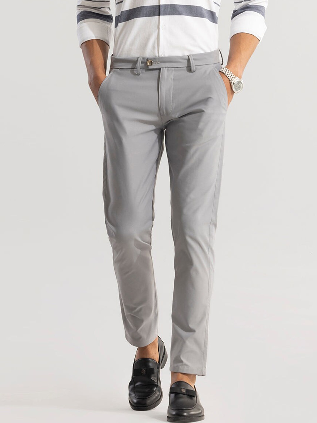 

Snitch Men Grey Smart Slim Fit Cotton Chinos Trousers
