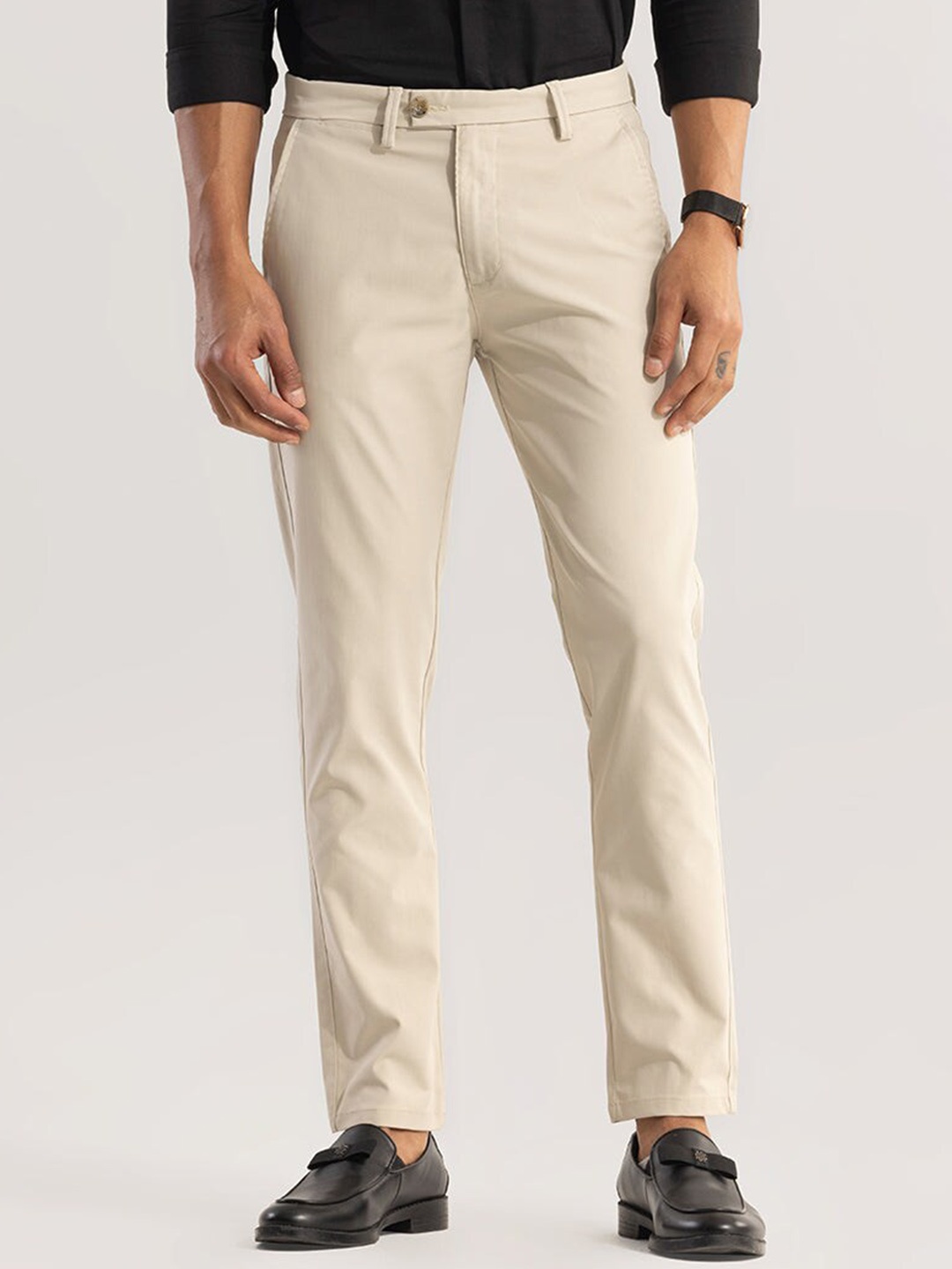 

Snitch Men Cream Coloured Smart Slim Fit Cotton Formal Trousers