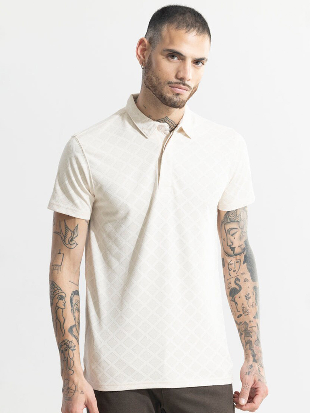 

Snitch Off White Geometric Self Design Polo Collar Cotton Slim Fit T-shirt