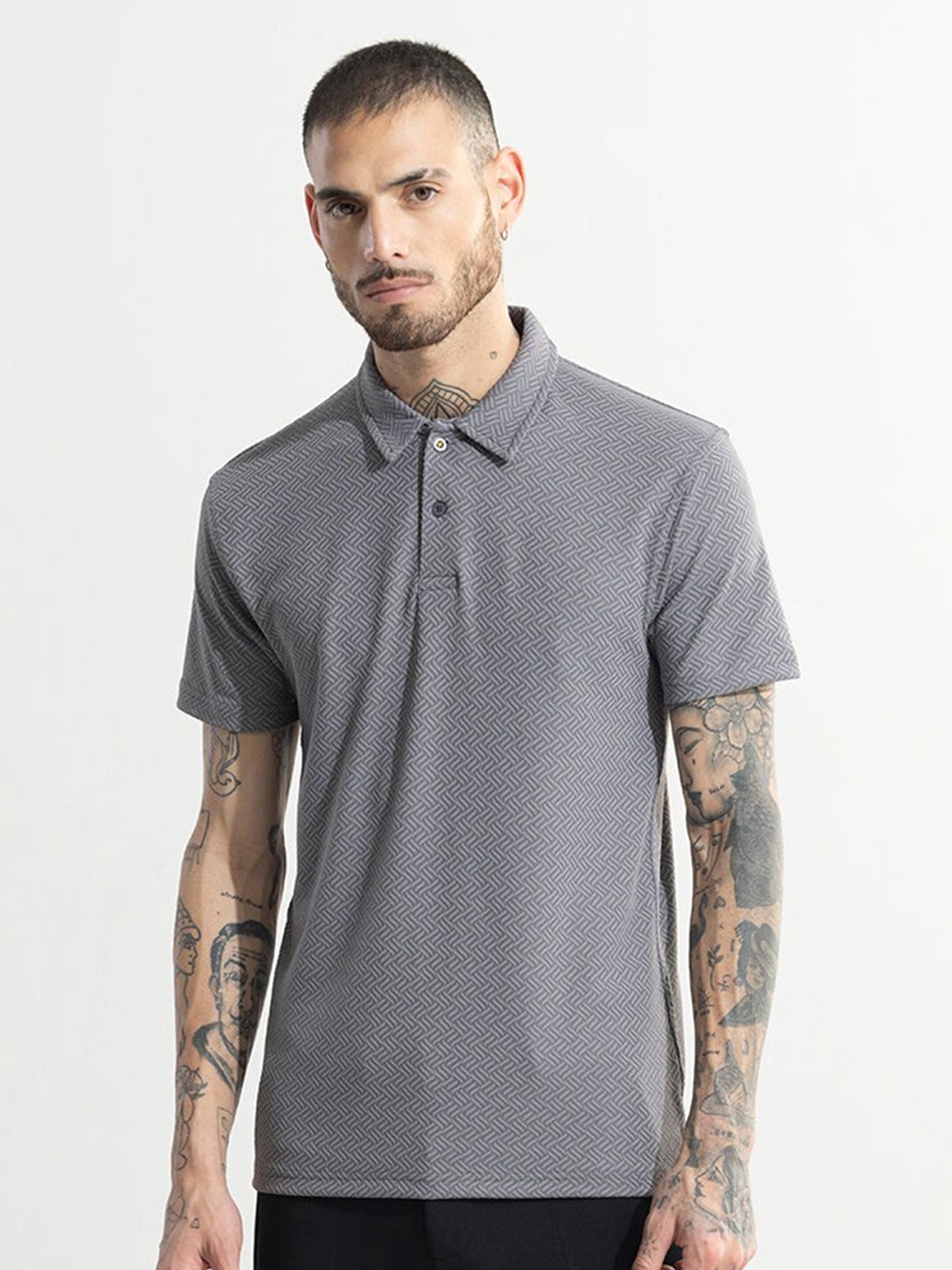 

Snitch Geometric Printed Polo Collar Slim Fit Cotton T-shirt, Grey