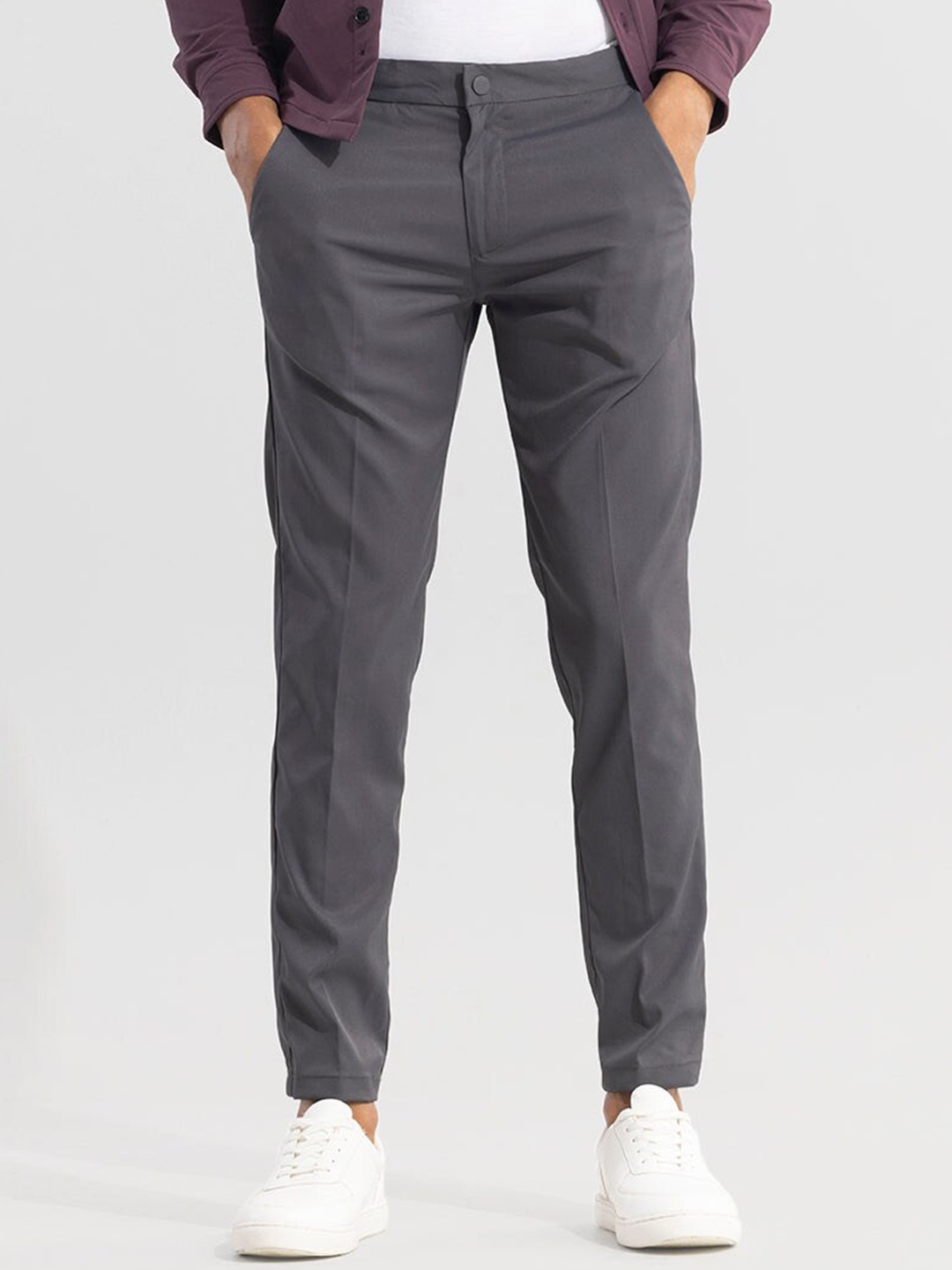

Snitch Men Grey Smart Slim Fit Mid-Rise Trousers