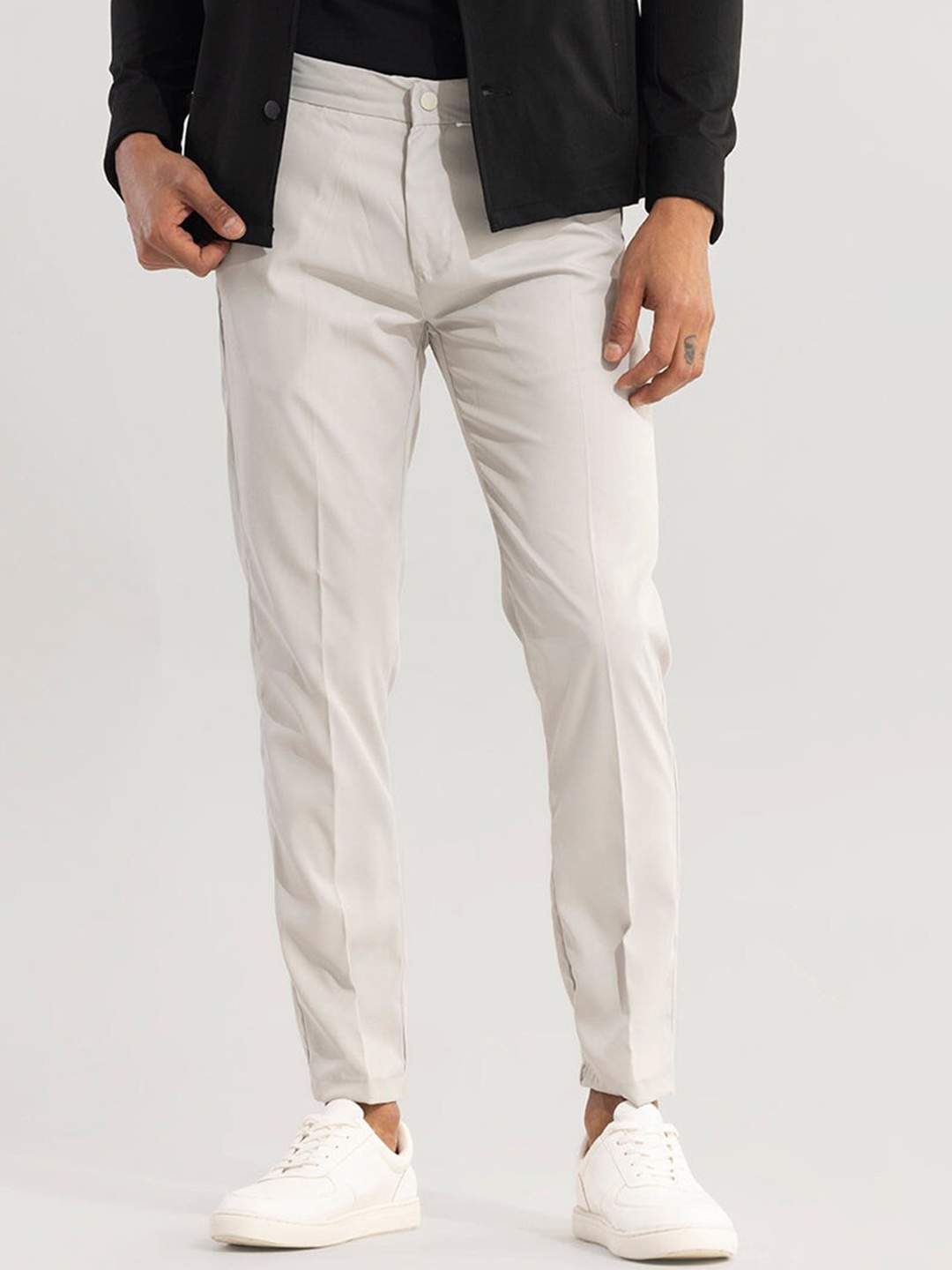 

Snitch Men Smart Slim Fit Mid-Rise Trousers, Cream