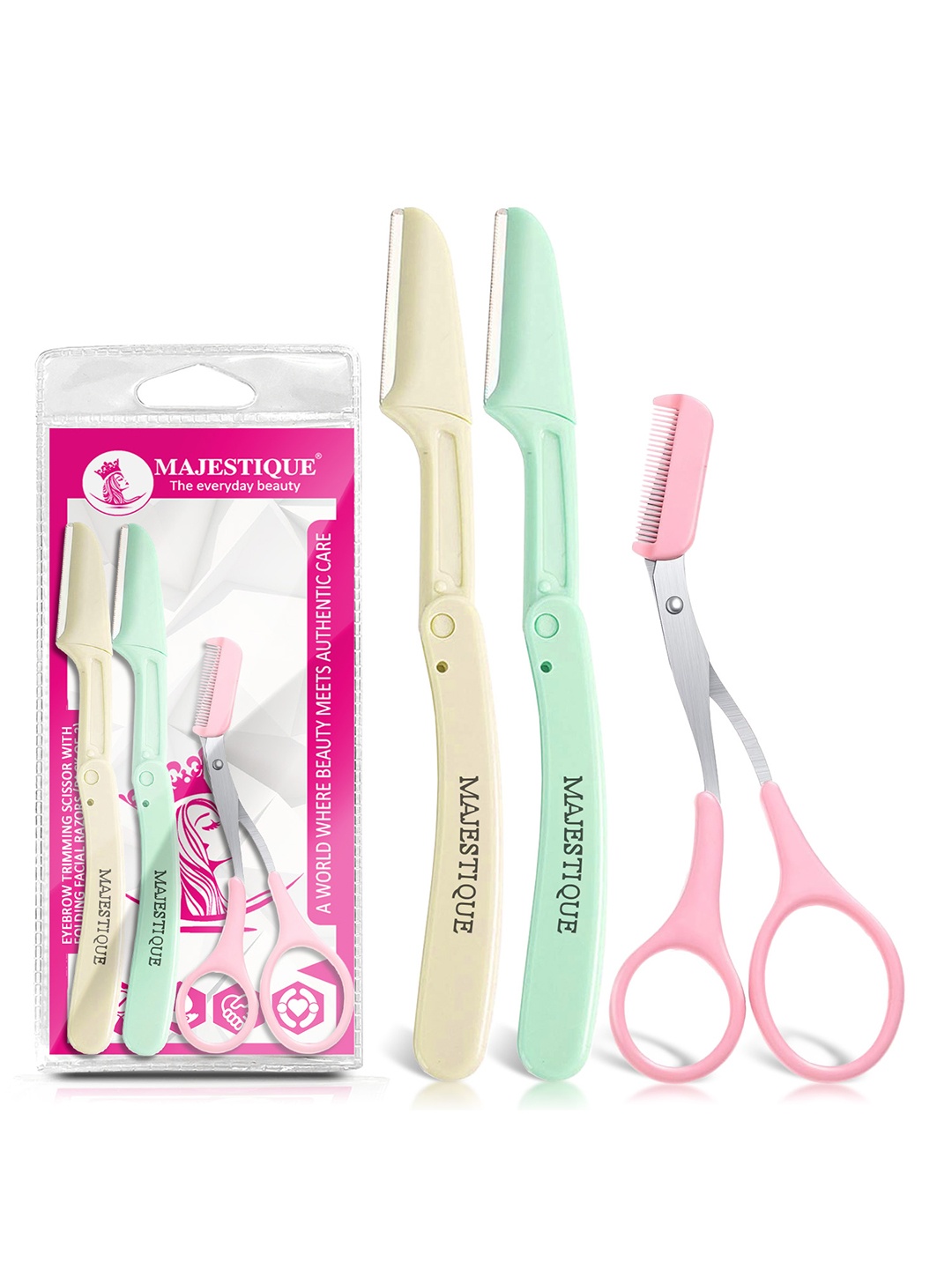 

MAJESTIQUE 3-Pcs Eyebrow Trimmer Scissors & Folding Facial Razors, Multi