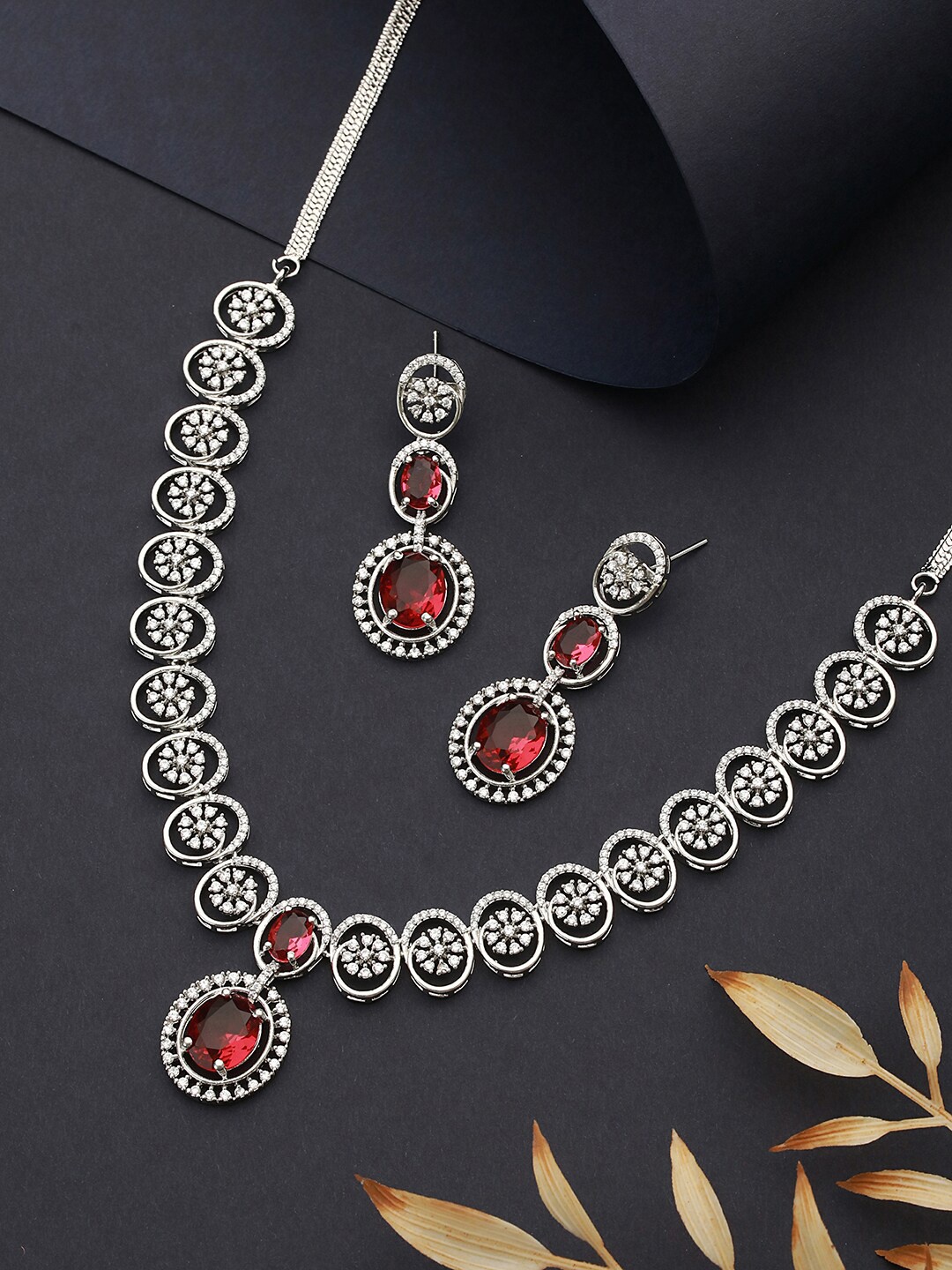 

Saraf RS Jewellery Rhodium-Plated CZ Studded Jewellery Set, Silver