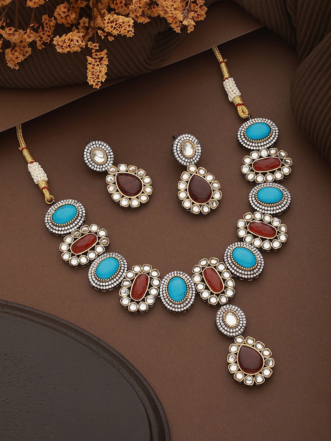 

Saraf RS Jewellery Rhodium-Plated Kundan Studded Jewellery Set, Silver