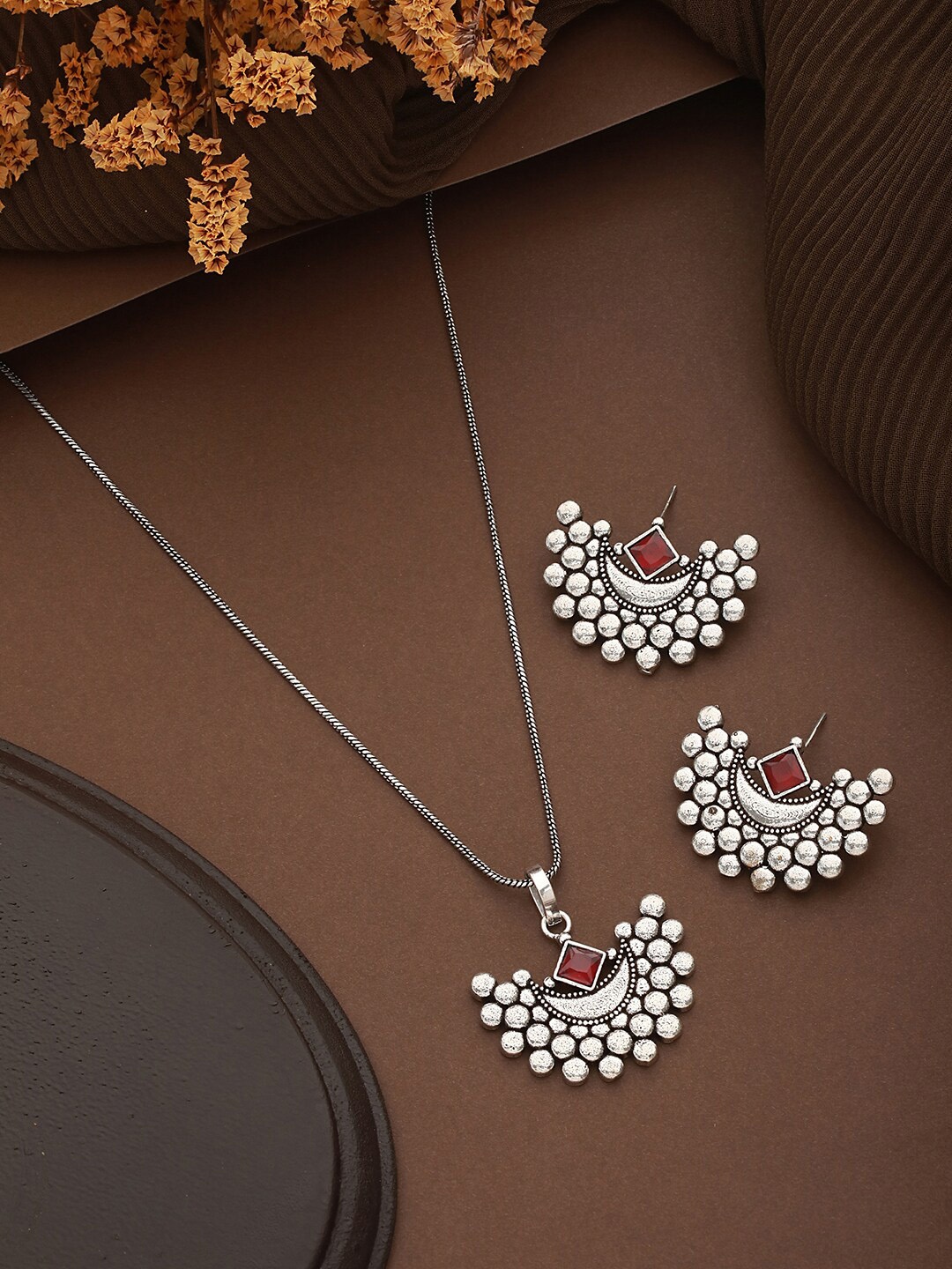 

Saraf RS Jewellery Silver-Plated American Diamond Studded Necklace With Earrings