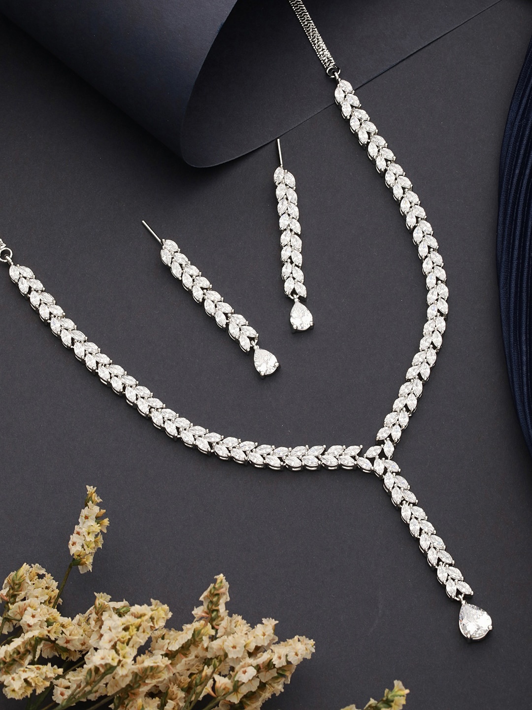

Saraf RS Jewellery Silver-Plated Cubic Zirconia Studded Necklace With Earrings