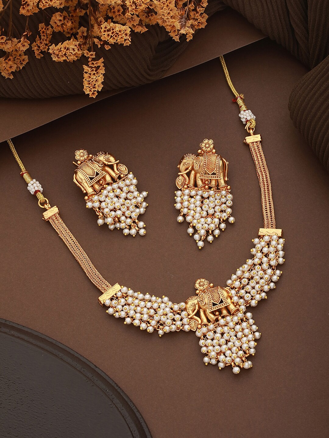 

Saraf RS Jewellery Gold-Plated Elephant Motif Beads Beaded Temple Necklace With Earrings