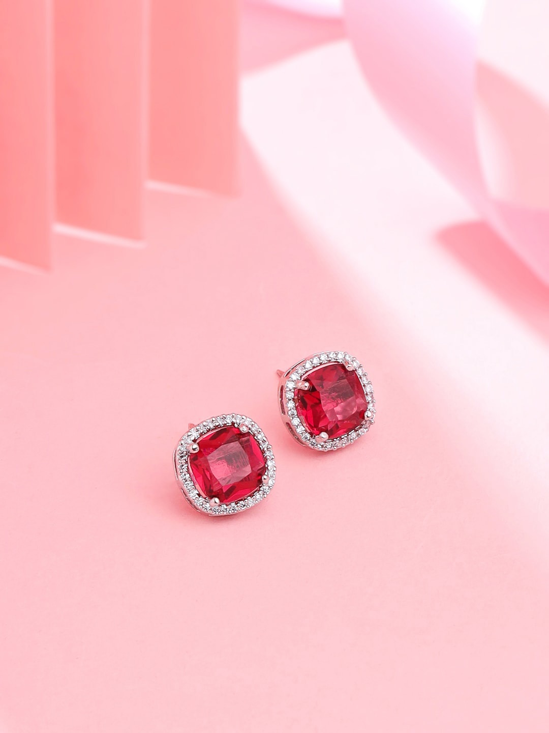 

THE AAB STUDIO Rhodium-Plated American Diamond Studded Square Studs Earrings, Red