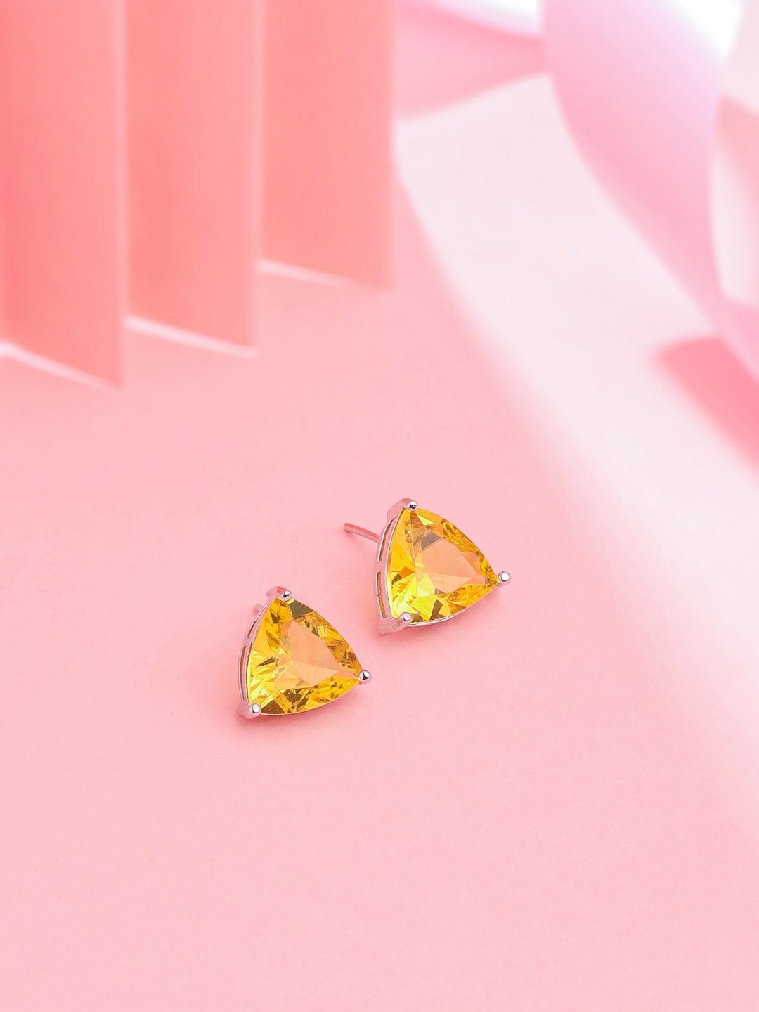 

THE AAB STUDIO Rhodium-Plated Artificial Stones Studded Triangular Studs Earrings, Yellow