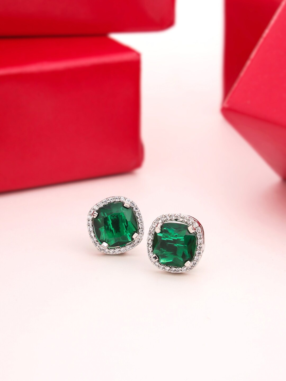 

THE AAB STUDIO Square Rhodium-Plated American Diamond Studded Studs Earrings, Green