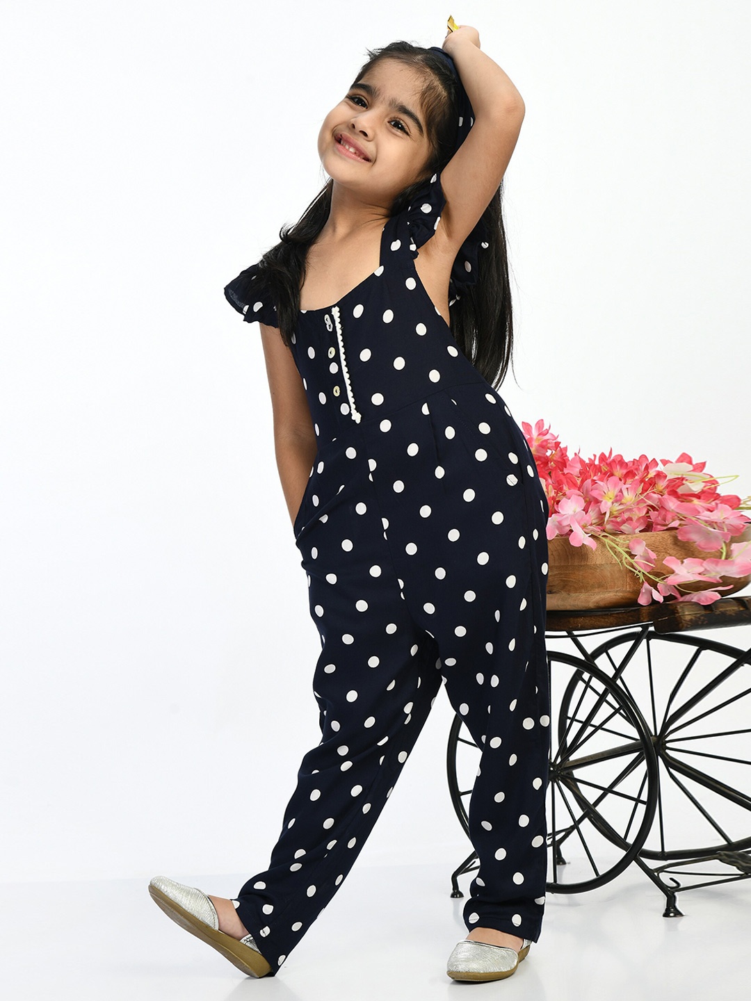 

BAESD Girls Polka Dot Printed Square Neck Flutter Sleeves Jumpsuit, Navy blue