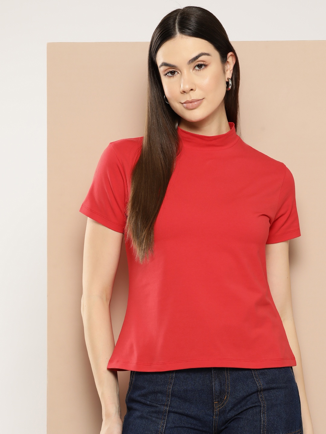 

Chemistry Women Solid High Neck T-shirt, Red
