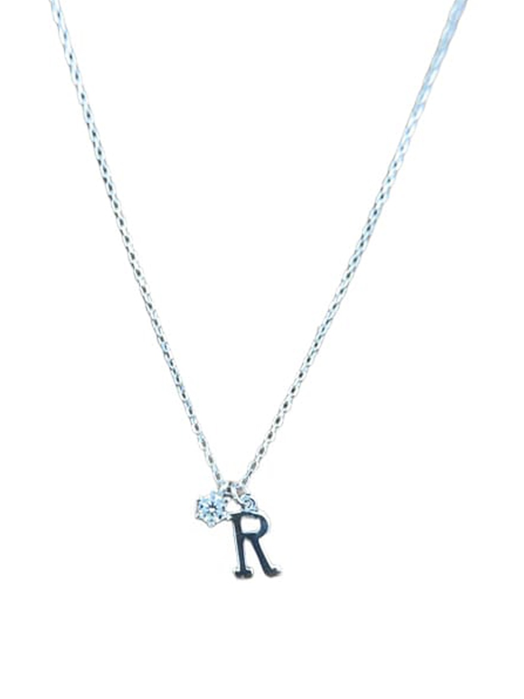 

925 SILLER Rhodium-Plated Cubic Zirconia-Studded R letter Pendants with Chains, Silver