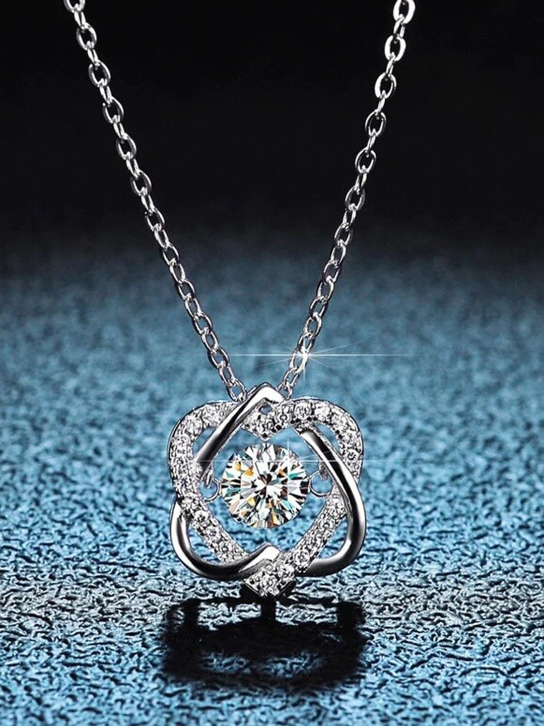 

925 SILLER Sterling Silver Rhodium Plated Cubic Zirconia Studded Pendant With Chain