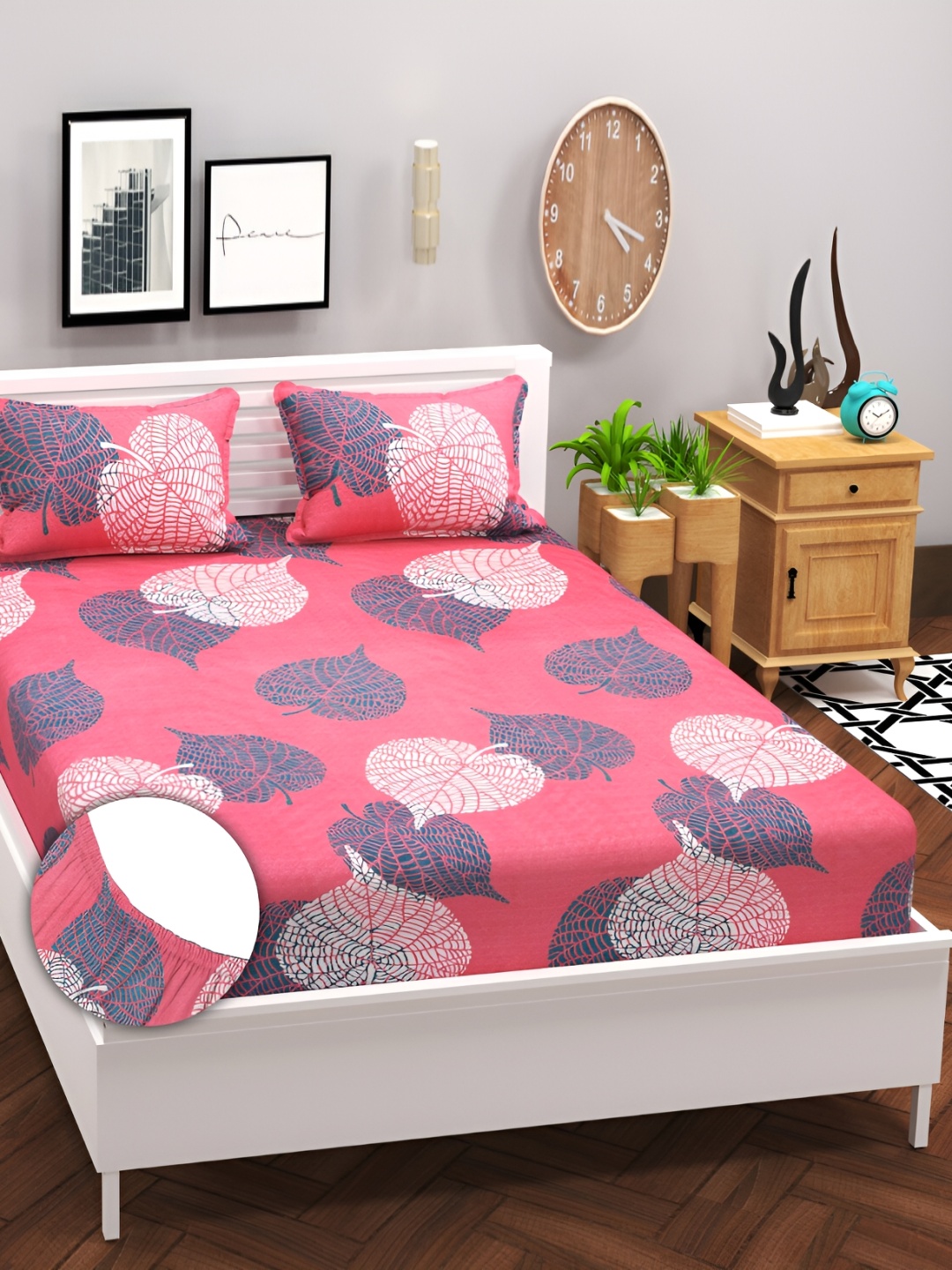 

bsb home Prime Pink & Grey Floral Printed 180 TC Fitted King Bedsheet With 2 Pillow Covers
