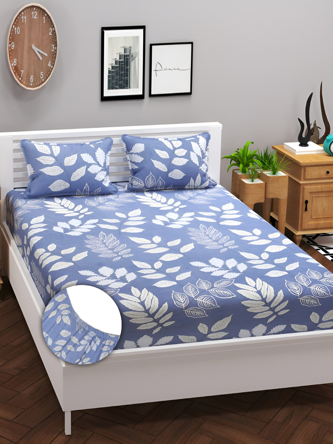 

bsb home Prime Blue Printed Cotton 180 TC Fitted King Bedsheet With 2 Pillow Covers