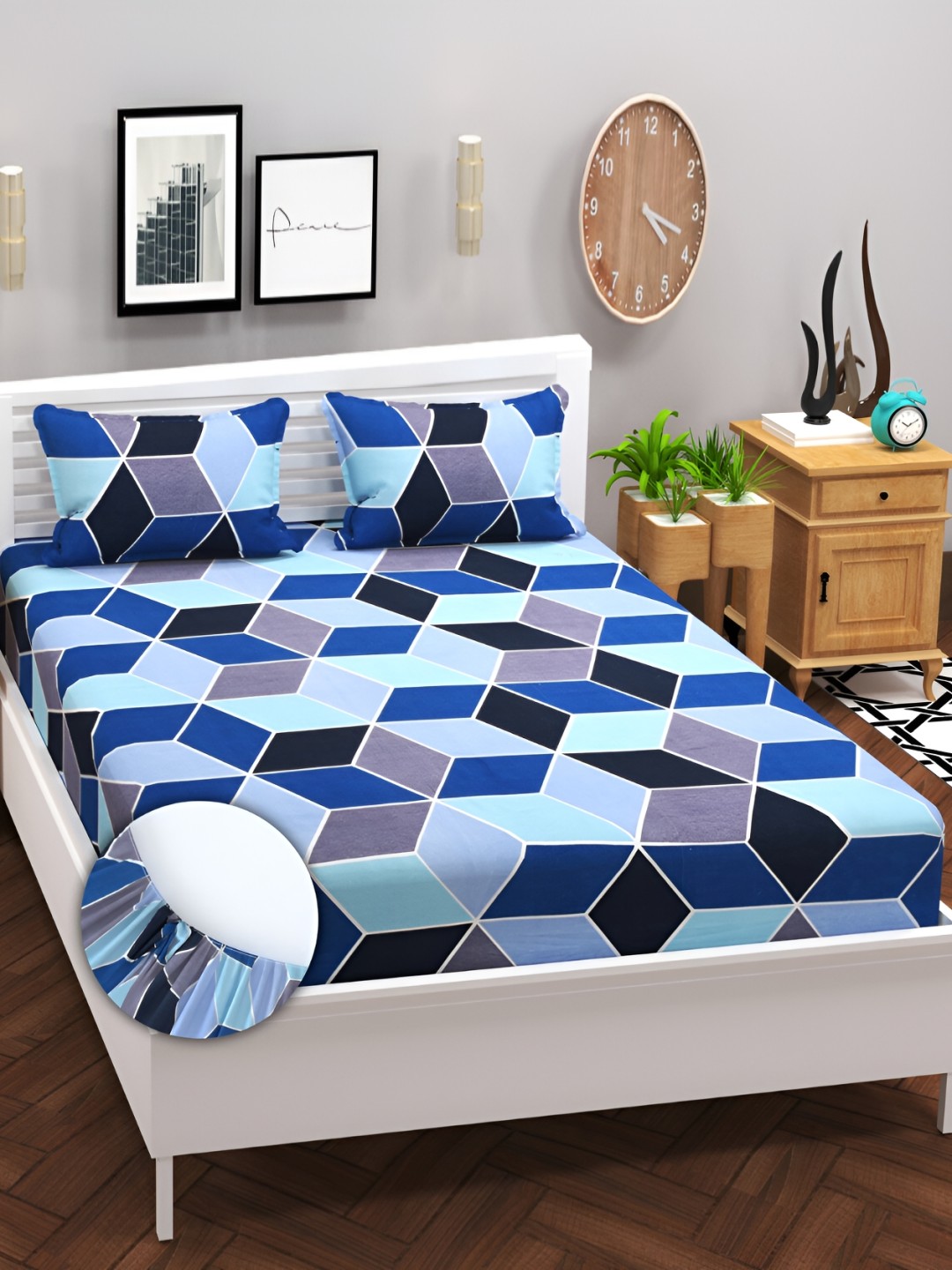 

bsb home Prime Navy Blue Printed Cotton 180 TC Fitted King Bedsheet With 2 Pillow Covers