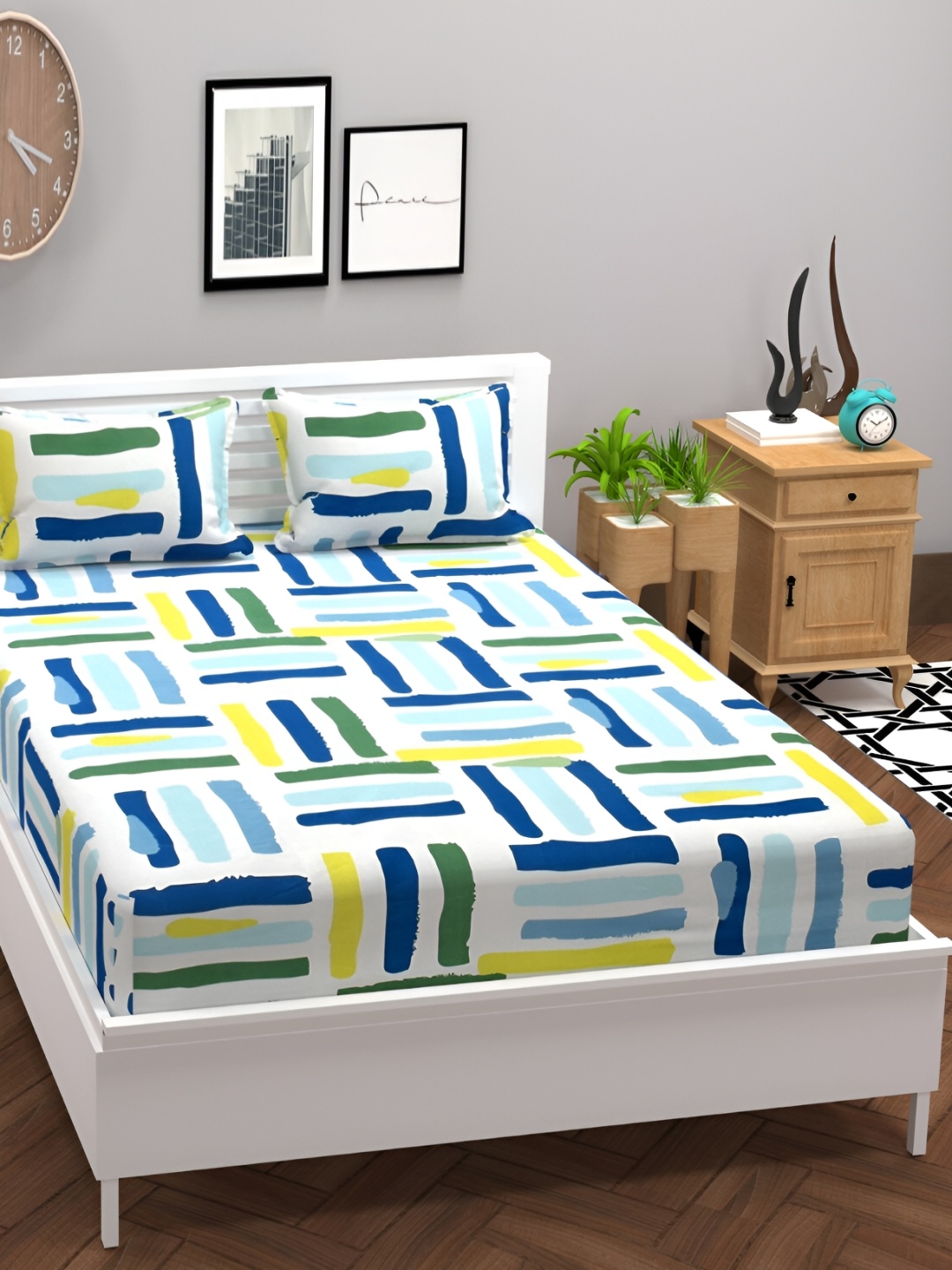 

bsb home Prime Blue Printed Cotton 180 TC Fitted King Bedsheet With 2 Pillow Covers