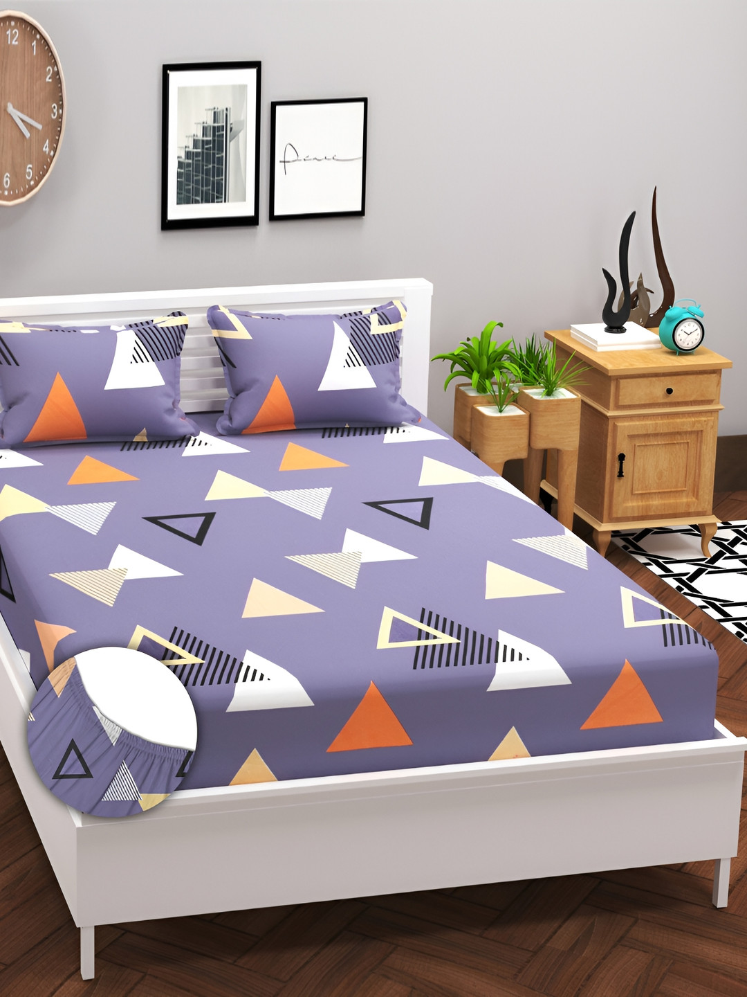 

bsb home Prime Purple Printed 180 TC Fitted King Bedsheet With 2 Pillow Covers