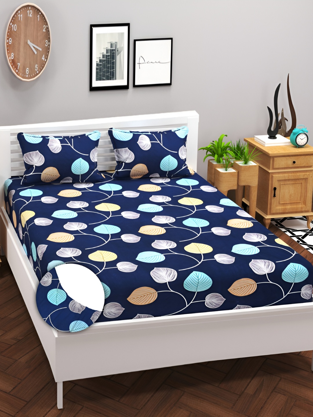 

bsb home Prime Navy Blue Printed Cotton 180 TC Cotton King Bedsheet With 2 Pillow Covers