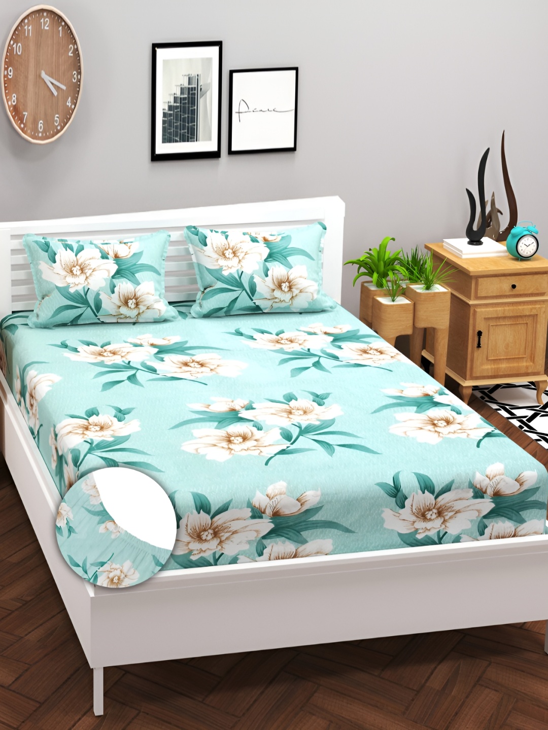 

bsb home Prime Green Printed Cotton 180 TC Fitted King Bedsheet With 2 Pillow Covers