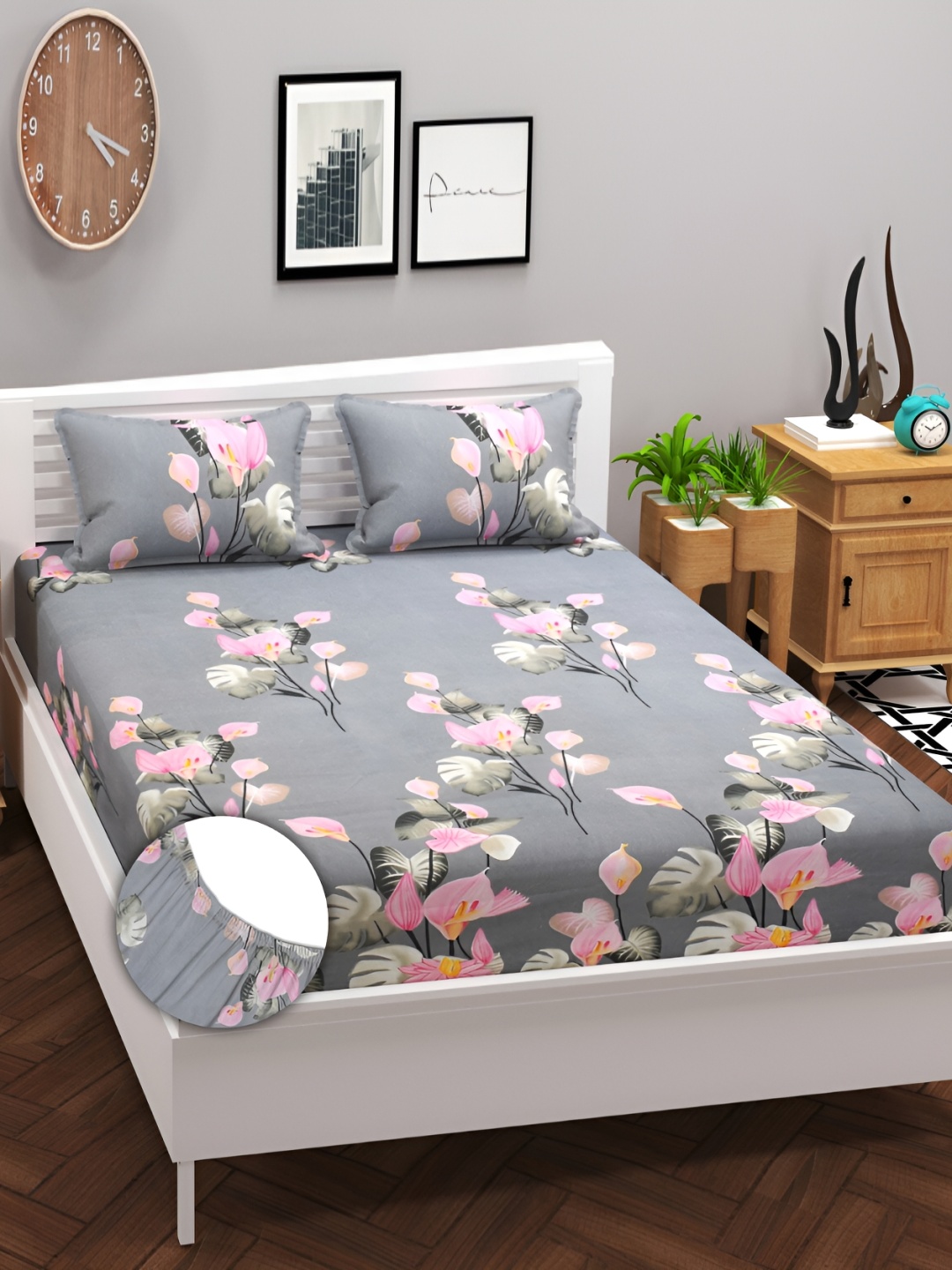 

bsb home Prime Grey Printed Cotton 180 TC Fitted King Bedsheet With 2 Pillow Covers