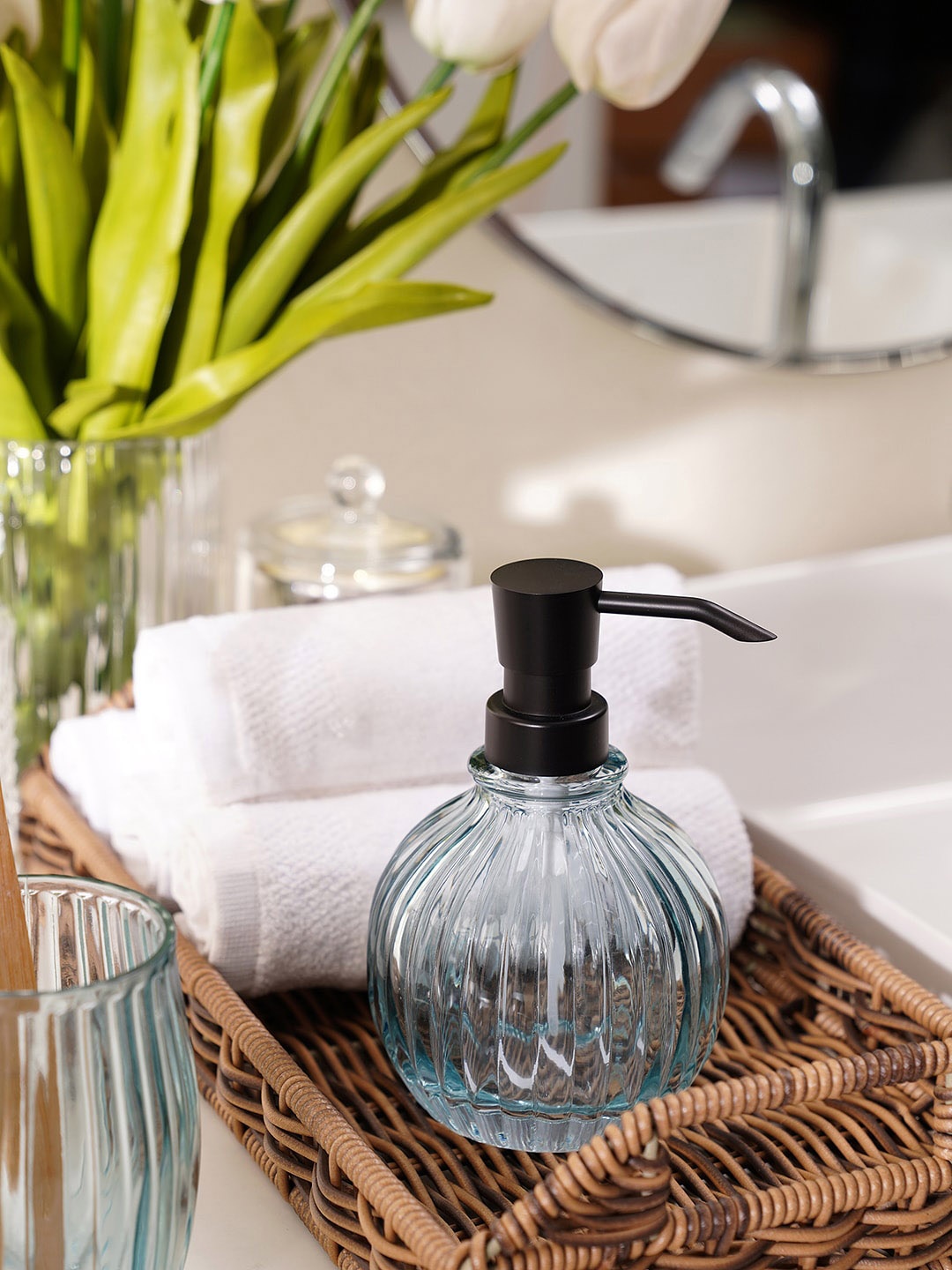 

Pure Home and Living Blue Glass Textured Soap Dispenser